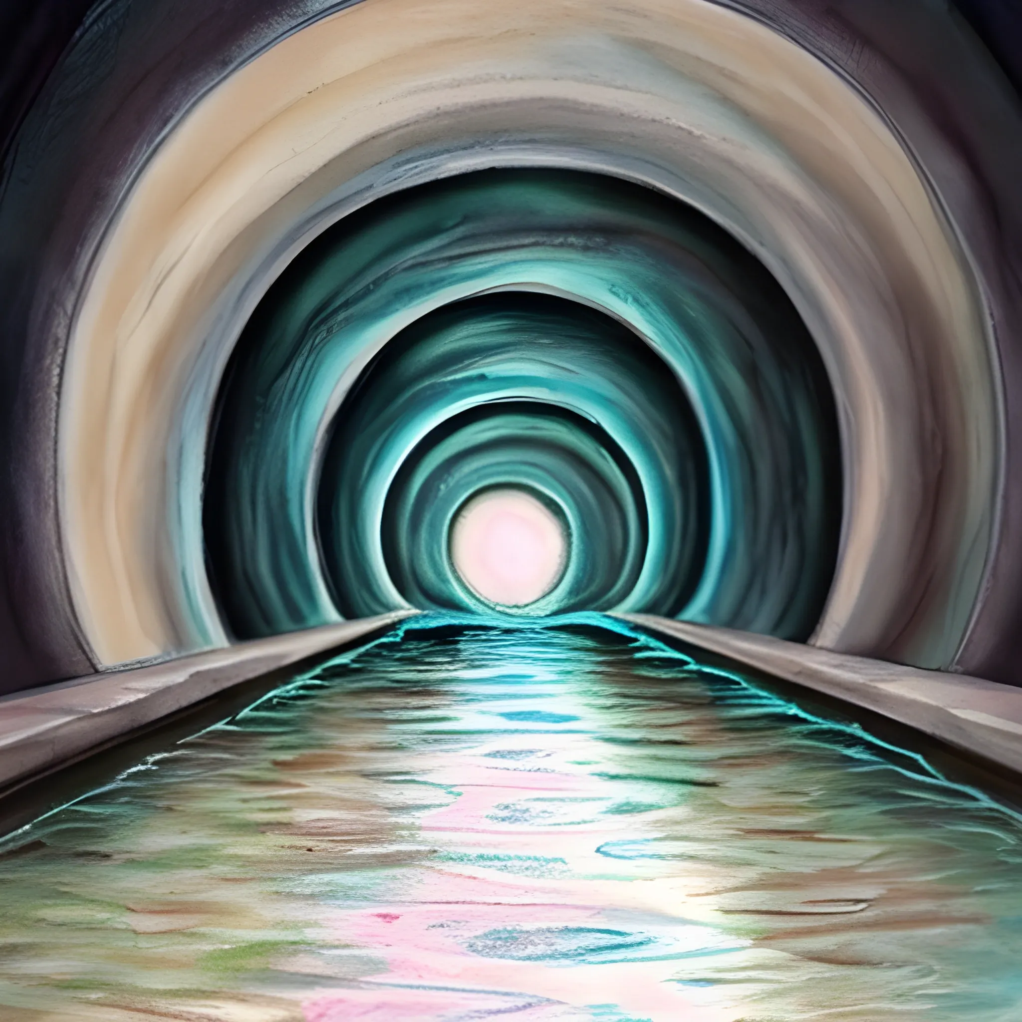 infinite dark tunnel with water, pastel, water color