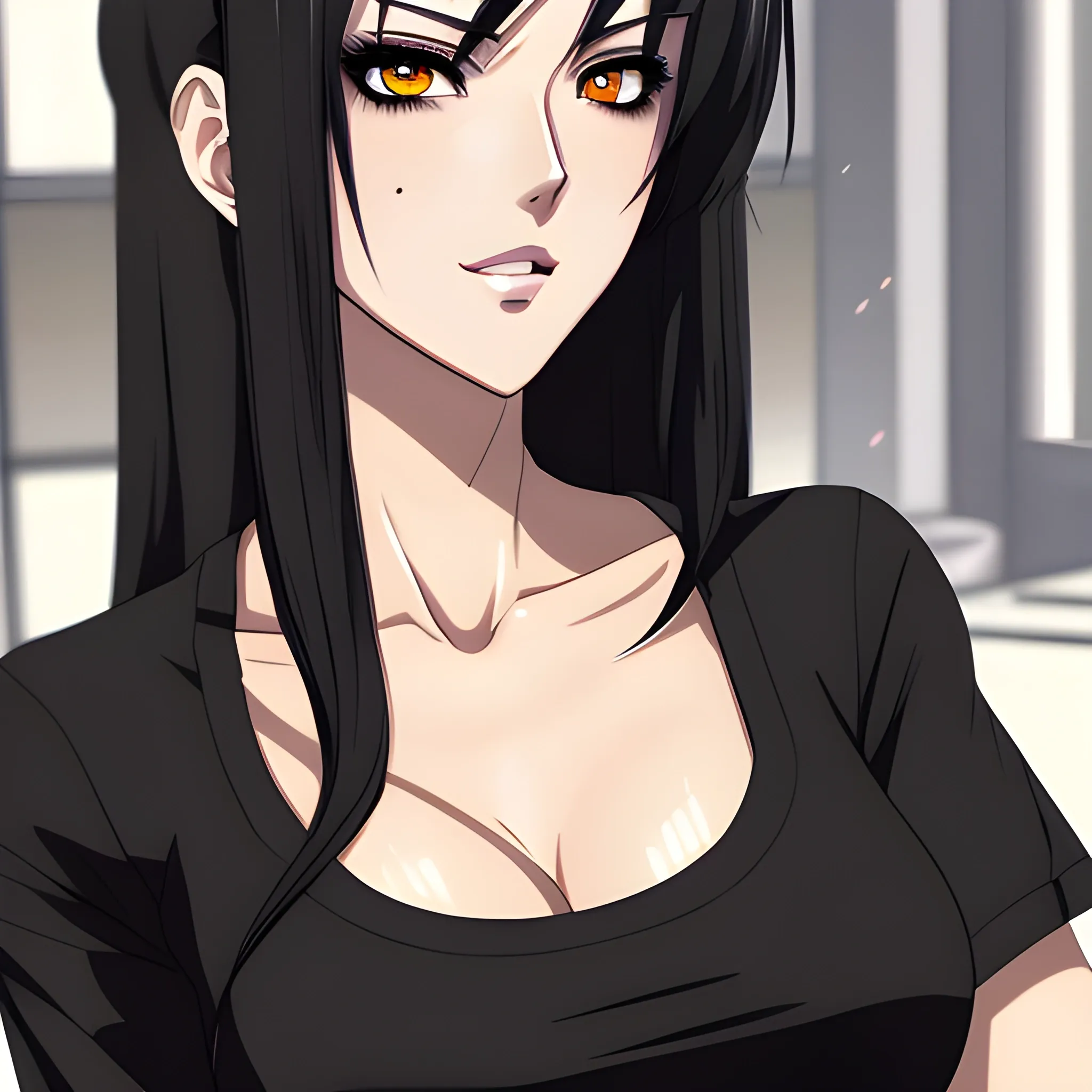(masterpiece),(best quality:1.0), (ultra highres:1.0), detailed illustration, 8k, anime, 1girl, beautiful anime girl, wearing a black t-shirt, intricate details, black eyes, detailed eyes, black hair, detailed hair detailed, highlights on hair, slight smile, pretty lips, anime style, best quality, detailed