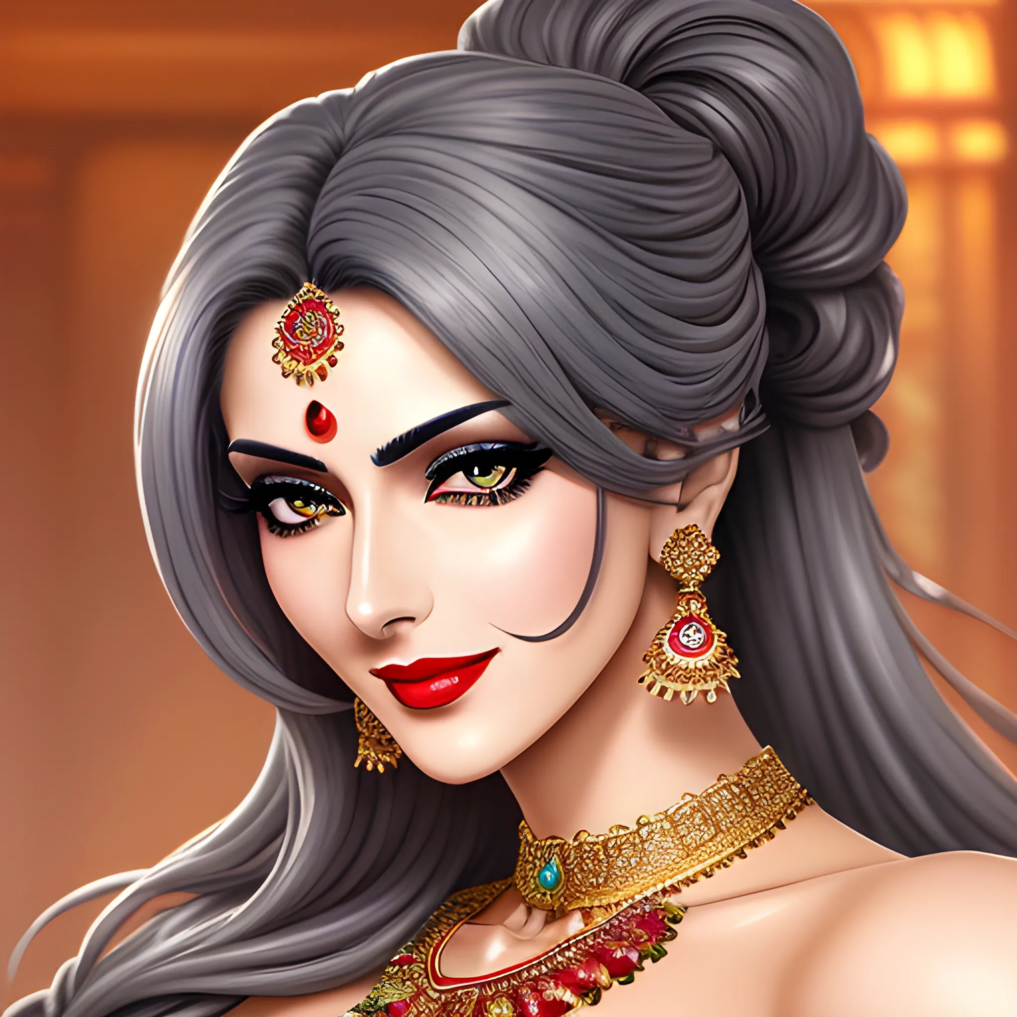 (masterpiece),(best quality:1.0), (ultra highres:1.0), detailed illustration, 8k, anime, 1girl, beautiful anime girl, in a sari, wearing a grey sari, pretty face, detailed face, beautiful eyes, detailed eyes, red lips, red lipstick, smiling, beautiful hair, highlights in hair, pretty earrings, detailed, anime style, best quality