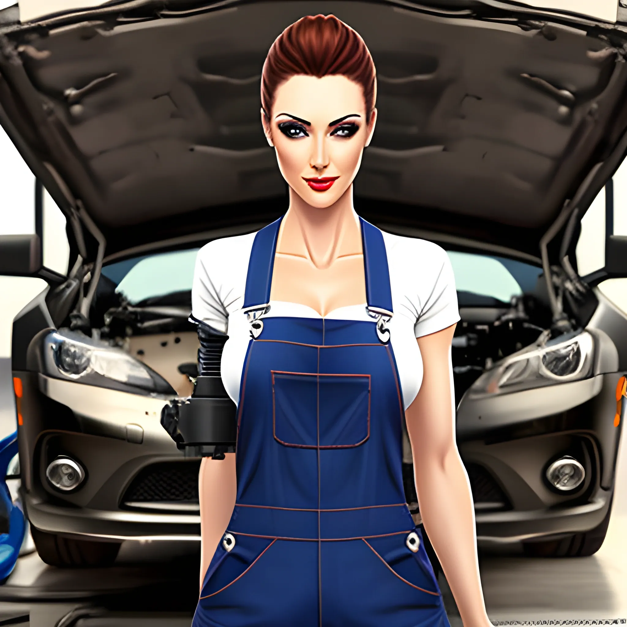 A masterpiece Mechanic girl fixing a car, perfect body, perfect head, wearing a mechanic's overalls,  HD