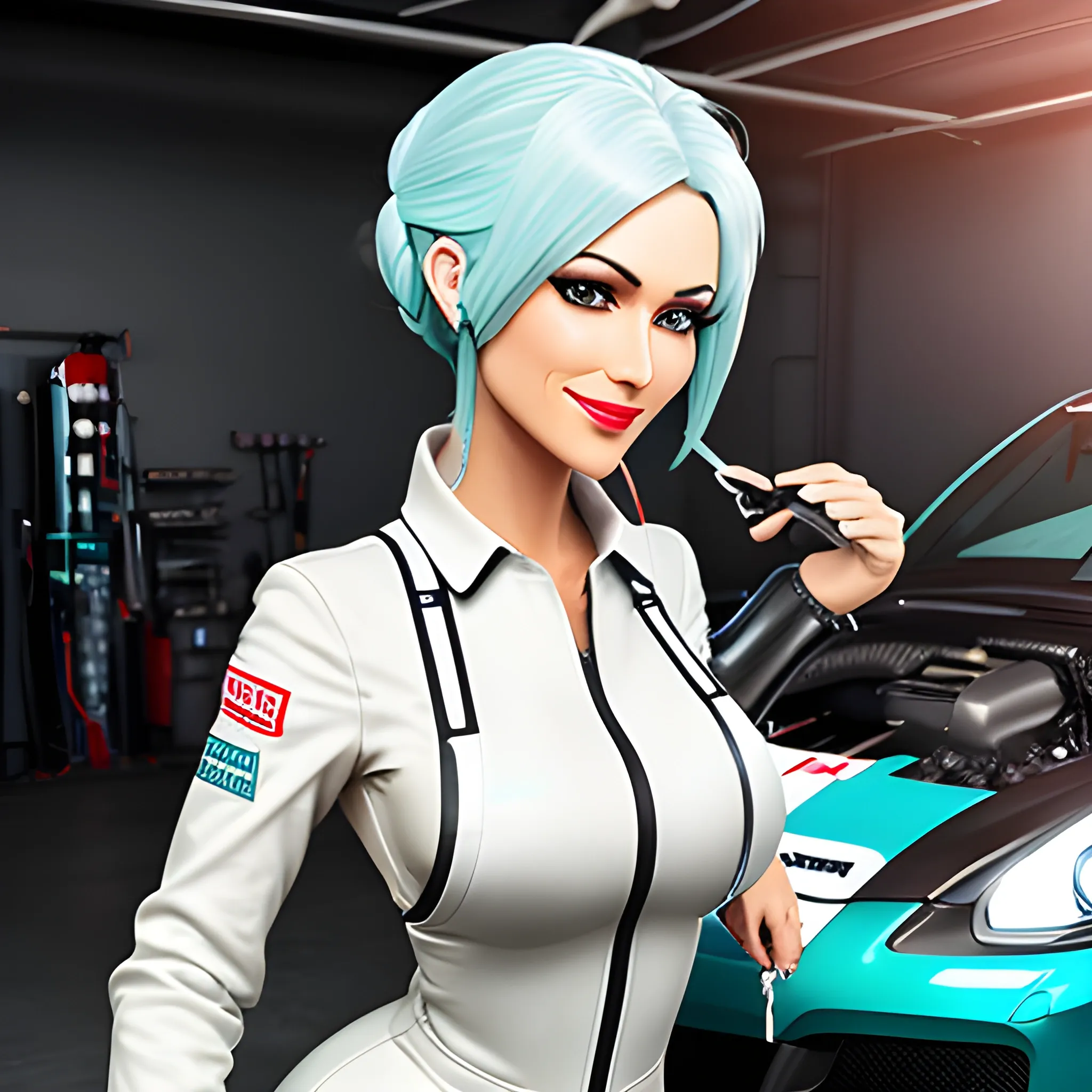 A masterpiece Mechanic girl fixing a car, perfect body, perfect head, wearing a mechanic's overalls,  HD, Mechanical girl masterpiece repairing cars, perfect head, masterpiece,(ultra-detailed),1girl, smile, car,  racecar, circuit,  racing miku, black bodysuit, cropped jacket, white jacket, long sleeves, two-tone gloves, thigh boots,