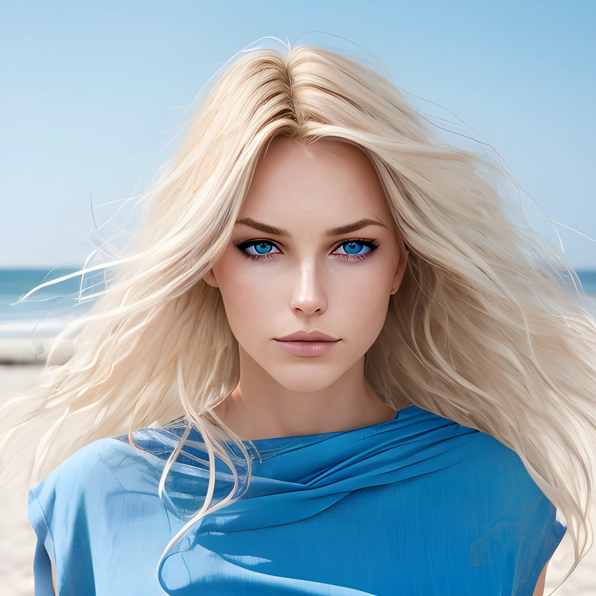 __Haarfarbe__, European Woman, lange Blonde Haare, Strandhintergrund, Sommer, Fachmann, 4K, HD, UHD, 8 TAUSEND, hohe Detailgenauigkeit, Ultra-Definition, Blaue Augen,