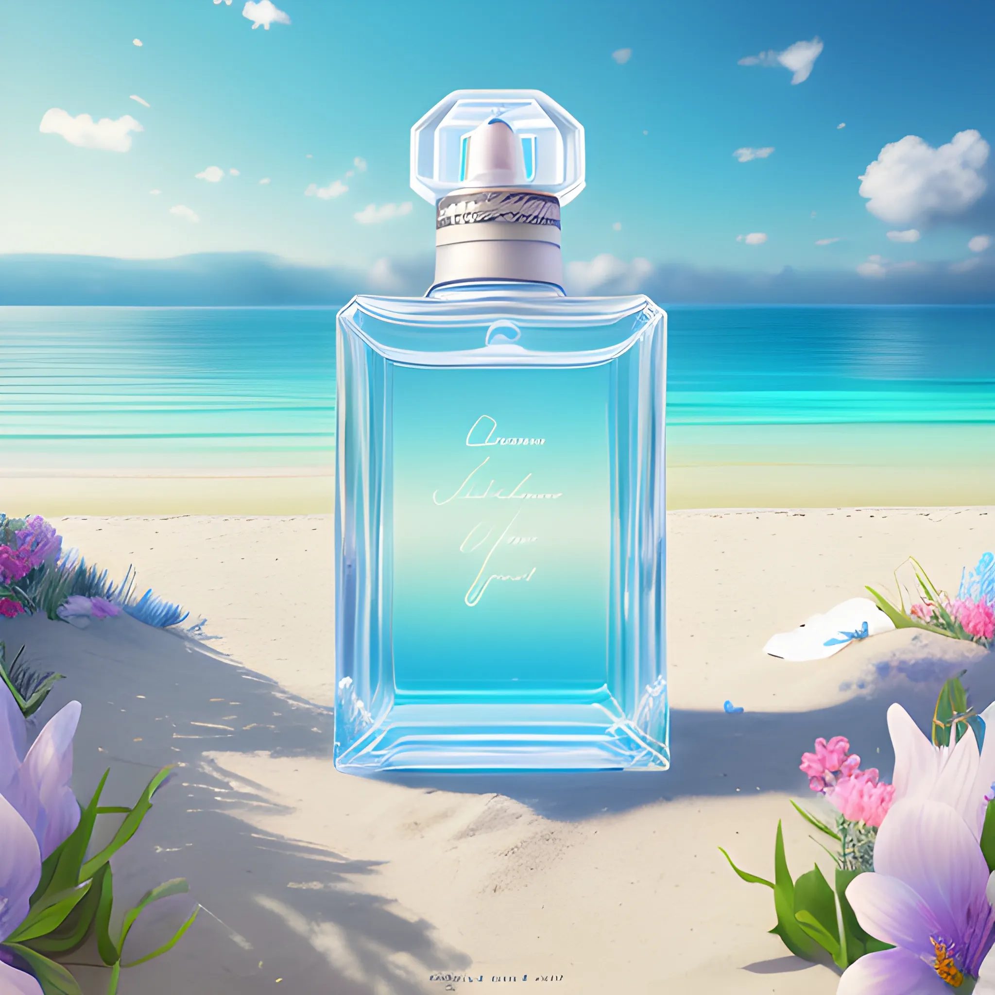 perfume  in a beach, in the style of photoshop , art of summer, vray, dark white and light azure, made of flowers, high resolution, soft, romantic landscapes, 3D