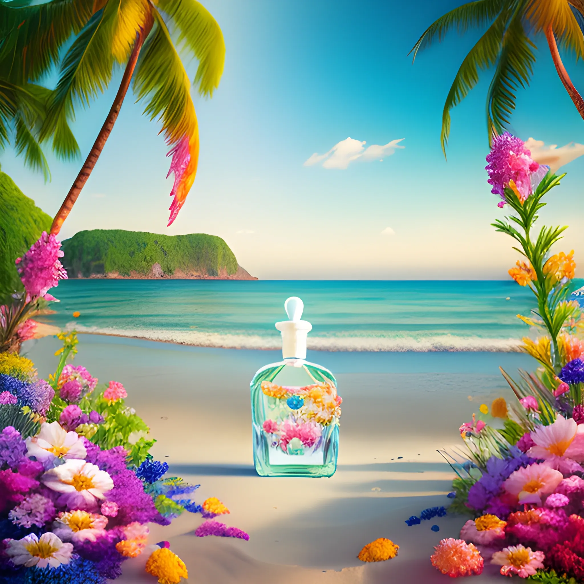 perfume in a beach, in the style of photoshop , art of summer, , made of flowers, high resolution, soft, romantic landscapes, 3D