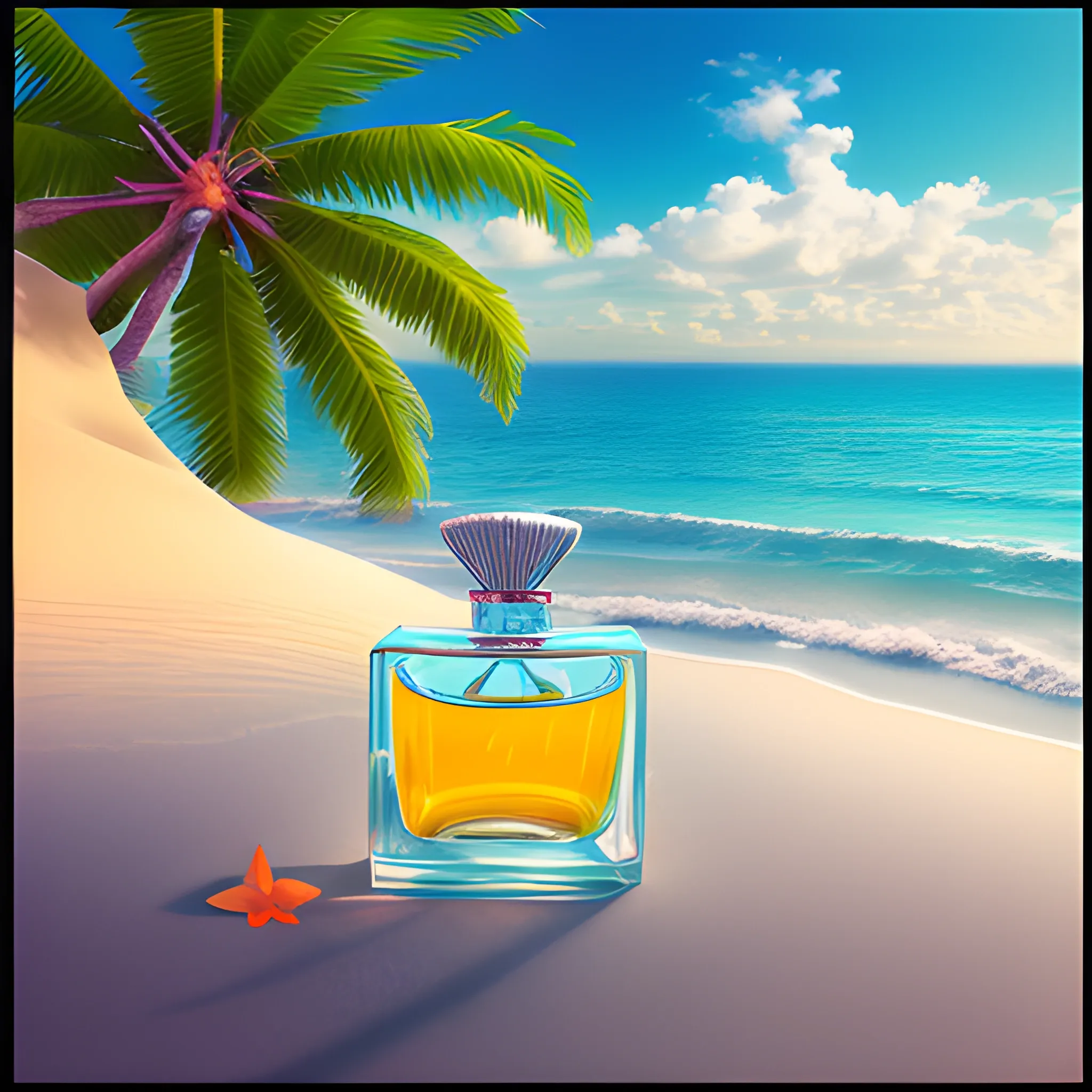 perfume in a beach, in the style of photoshop , art of summer,  , high resolution, soft, romantic landscapes, 3D