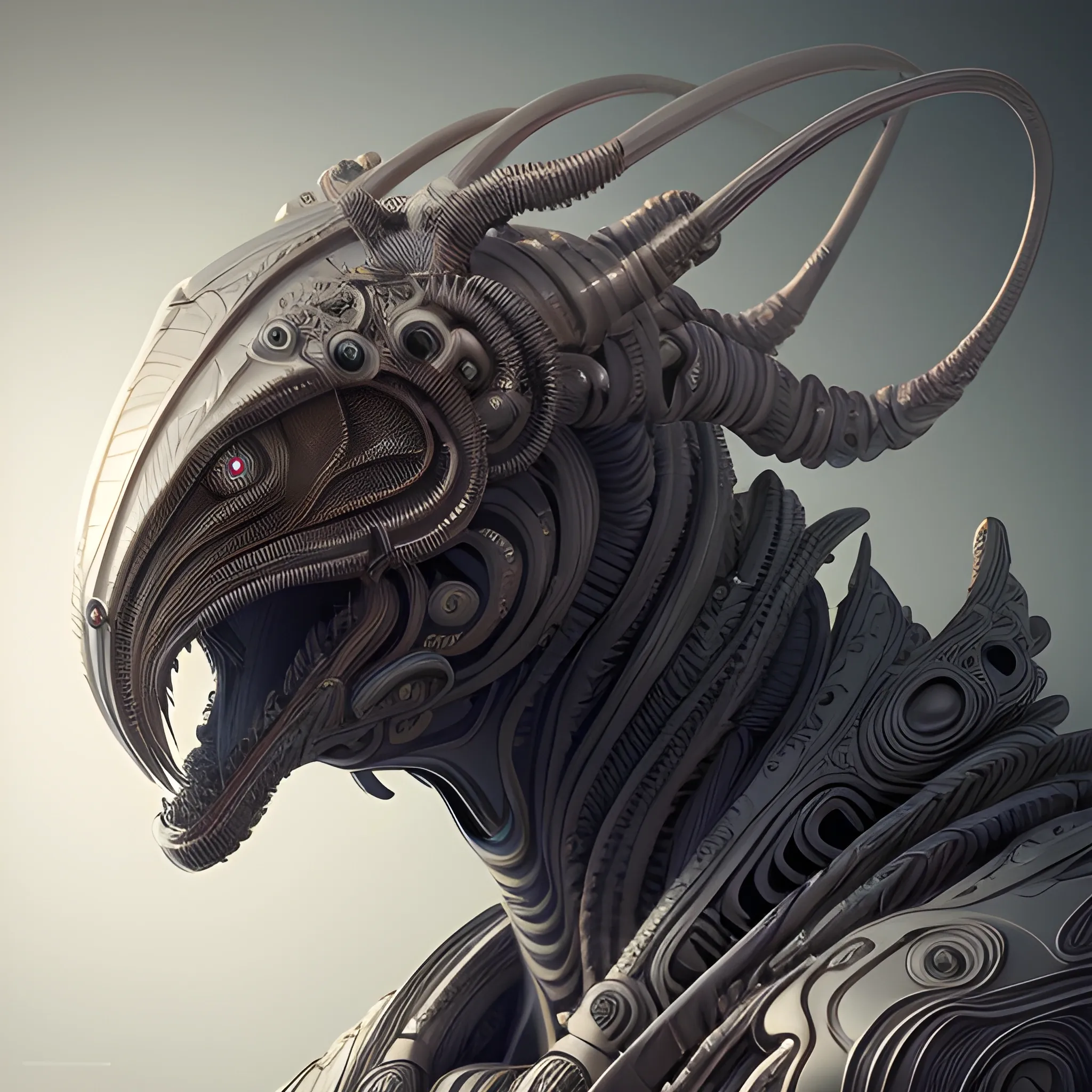 A detailed and intricate digital art piece in a cinematic style, this ultra high resolution portrait of a powerful alien beast is a true masterpiece. The beautiful lighting and playful design make it a trend-setter on ArtStation. A true award-winning work., 3D