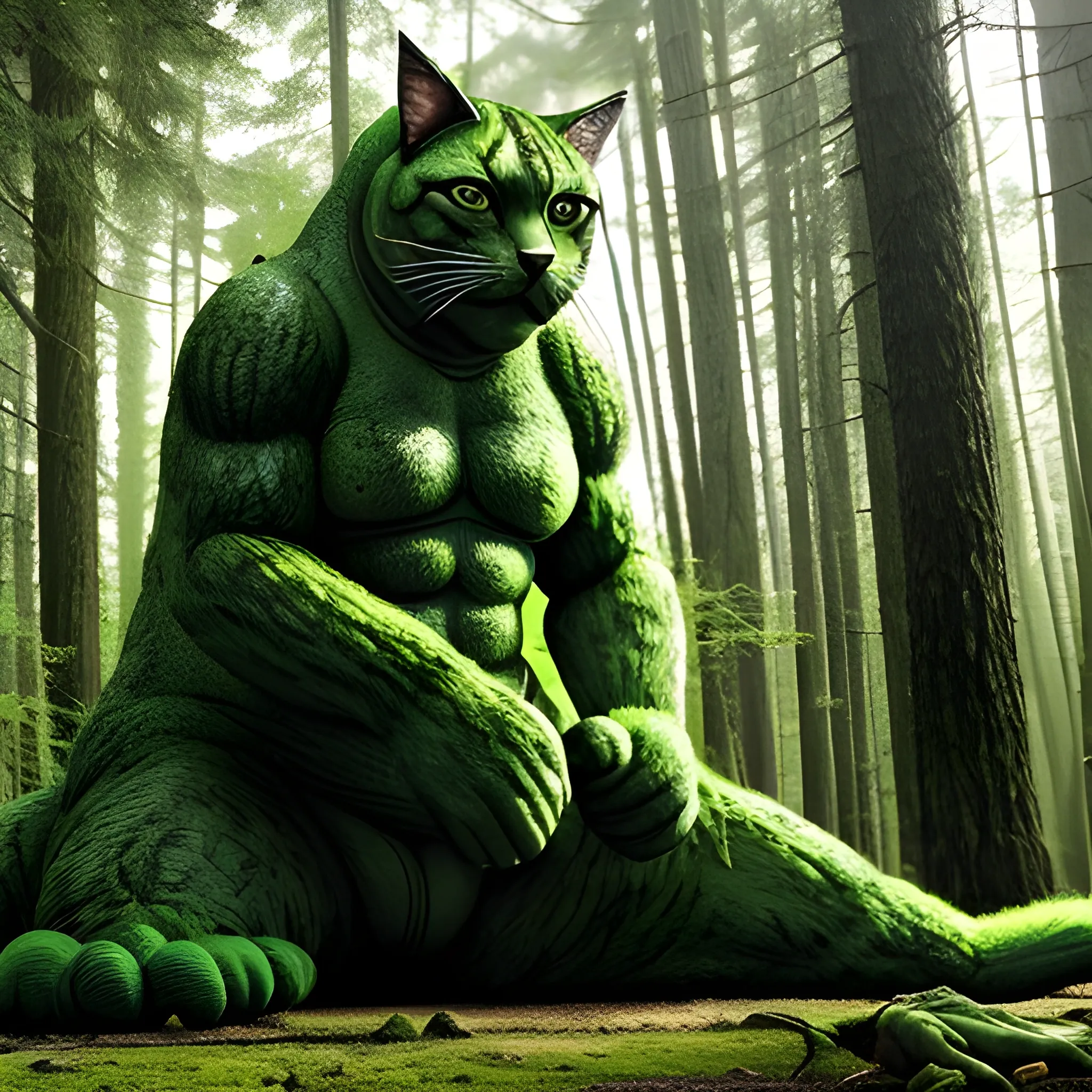 In the sunny forest, there is a very tall and strong "green cat" with very developed muscles. Godzilla is standing and lying on the ground with wounds all over his body. Surreal photos and ultra-real details.