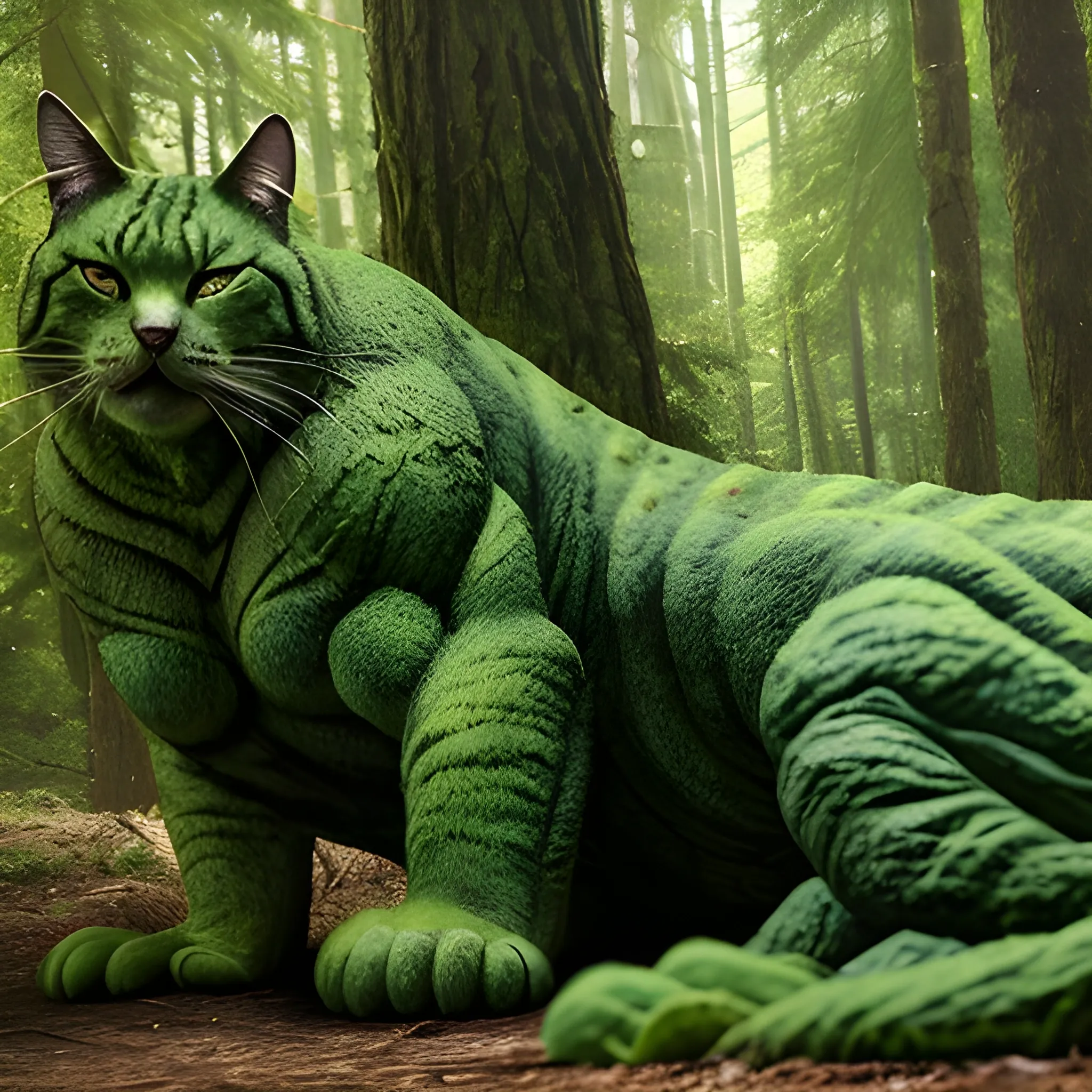 In the sunny forest, there is a very tall and strong "green cat" with very developed muscles. Godzilla is  lying on the ground with wounds all over his body. Surreal photos and ultra-real details.