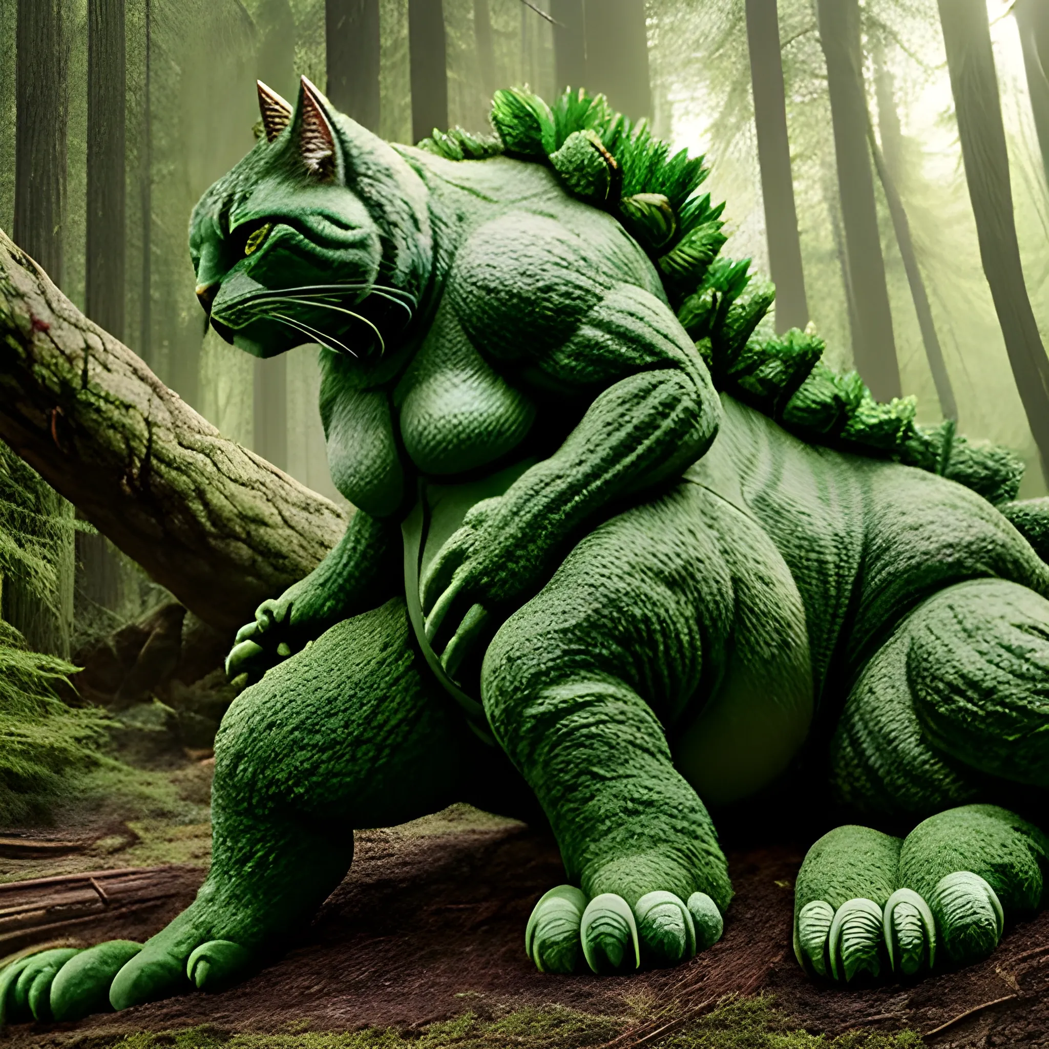 In the sunny forest, there is a very tall and strong "green cat" with very developed muscles is standing on  Godzilla body,Godzilla is  lying on the ground with wounds all over his body. Surreal photos and ultra-real details.