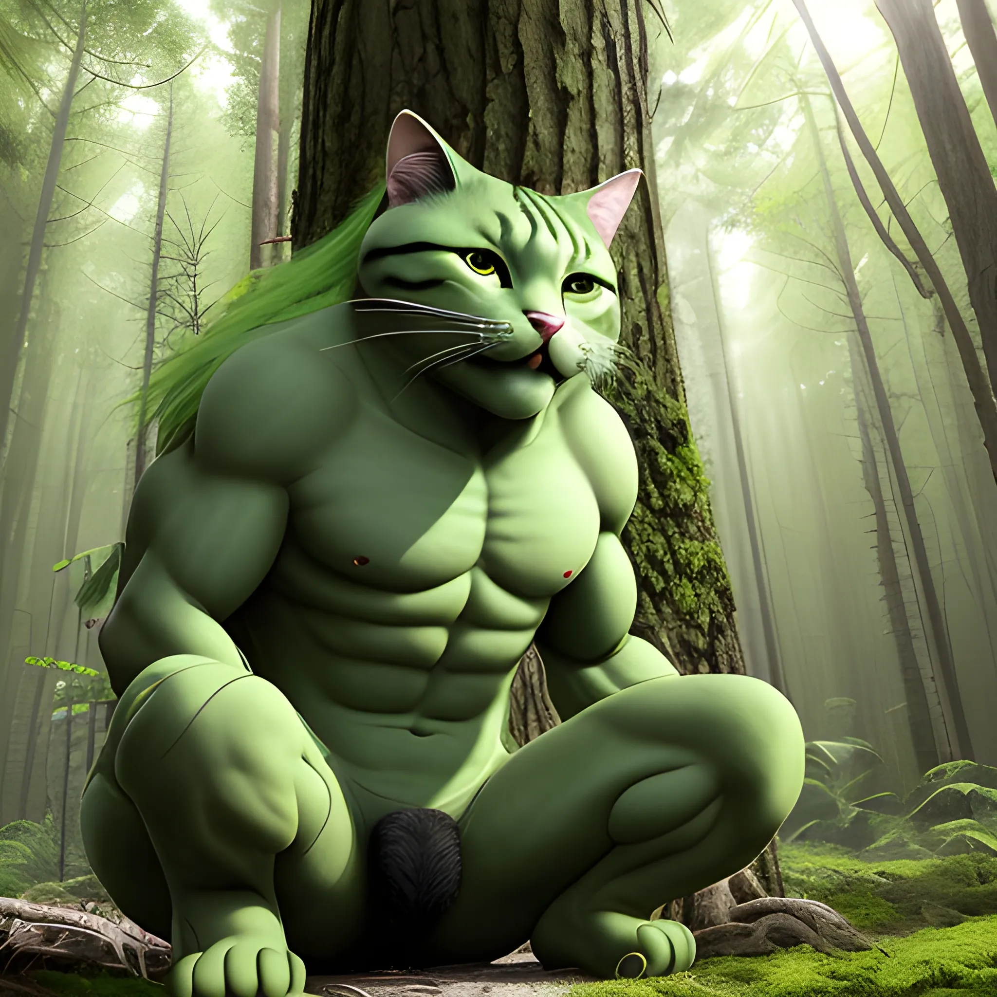 In the sunny forest, there is a very tall and strong "green cat" with very developed muscles. 鳄鱼 is standing and lying on the ground with wounds all over his body. Surreal photos and ultra-real details. 超高分辨率，真正的获奖作品