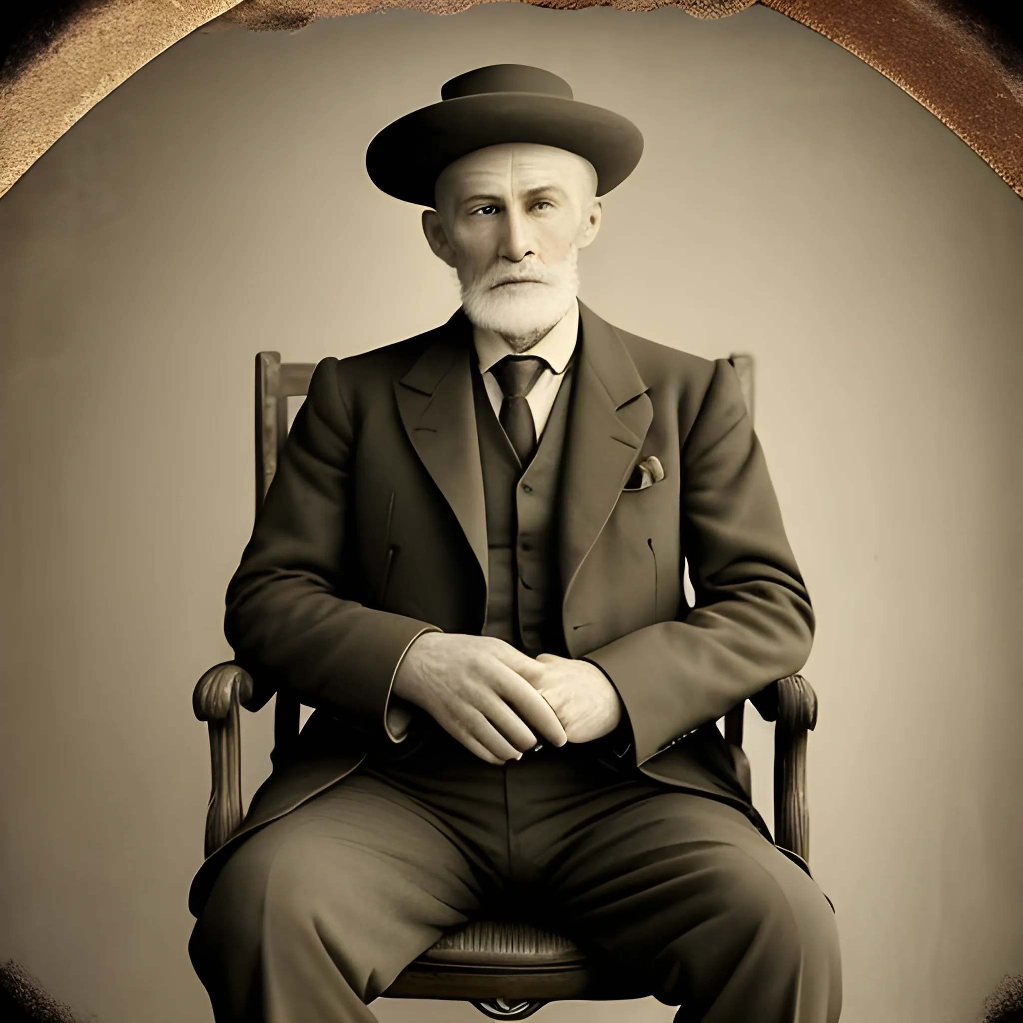 Photograph of a beautiful Russian man,  mature,  60yo,  muscular. The photograph is in sepia colors,  it is an old photograph,  old photography effect.

The man wears a suit. He is sitting in a chair from the beginning of the 20th century,  very serious. He is a mature man with a period hat. It's an old photograph. He is in a room in a house.