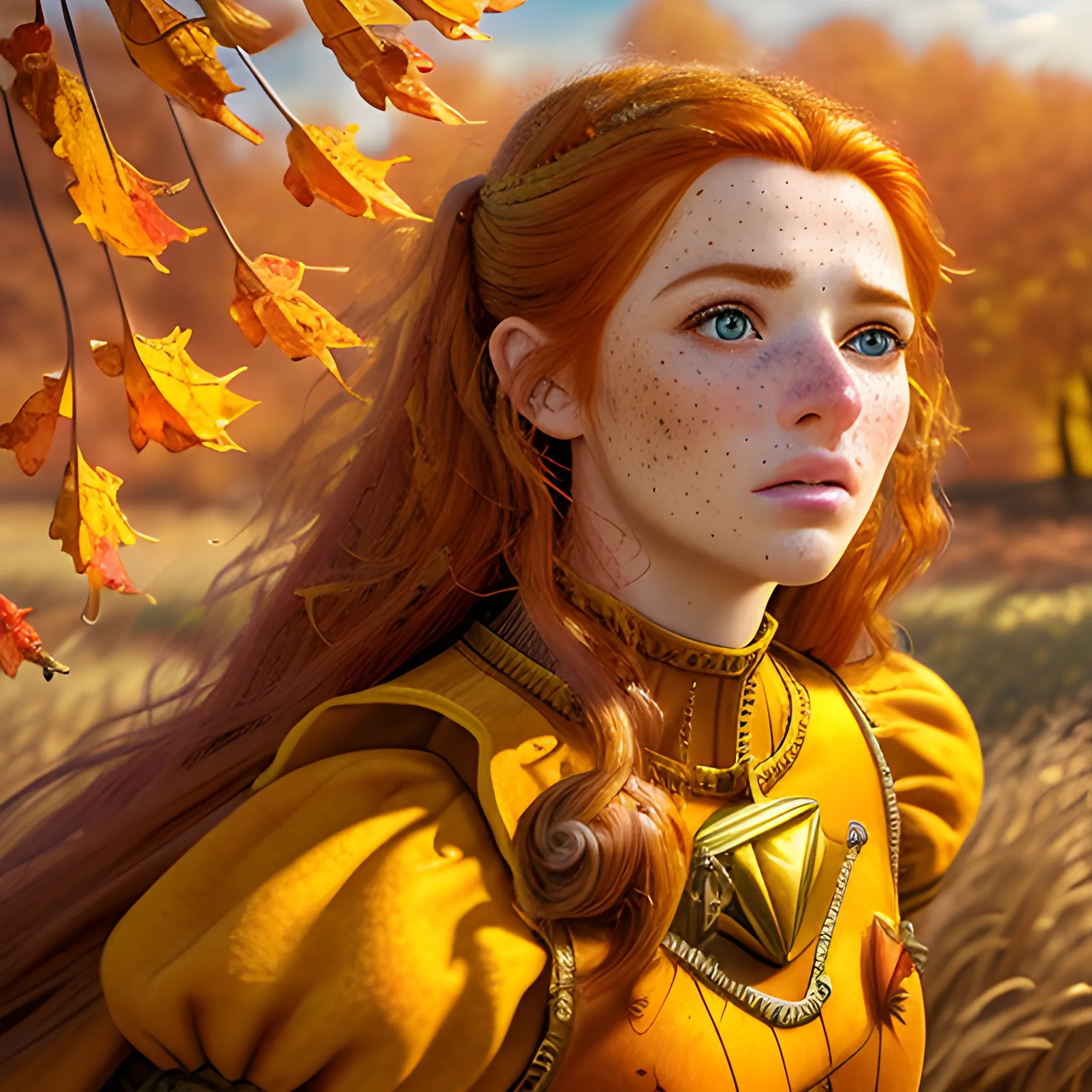 Ultra-realistic 8k CG, masterpiece, best quality, (photorealistic:1.4), absurdres, extremely detailed, real hair, life-like,
((mediaeval setting)), ((fall season, falling leaves)), ((detailed face, freckles)), ((detailed eyes)),
beautiful woman with wind-blown long red hair wearing a  ( yellow startrektos dress) in a field of tall grain, rustic farm,