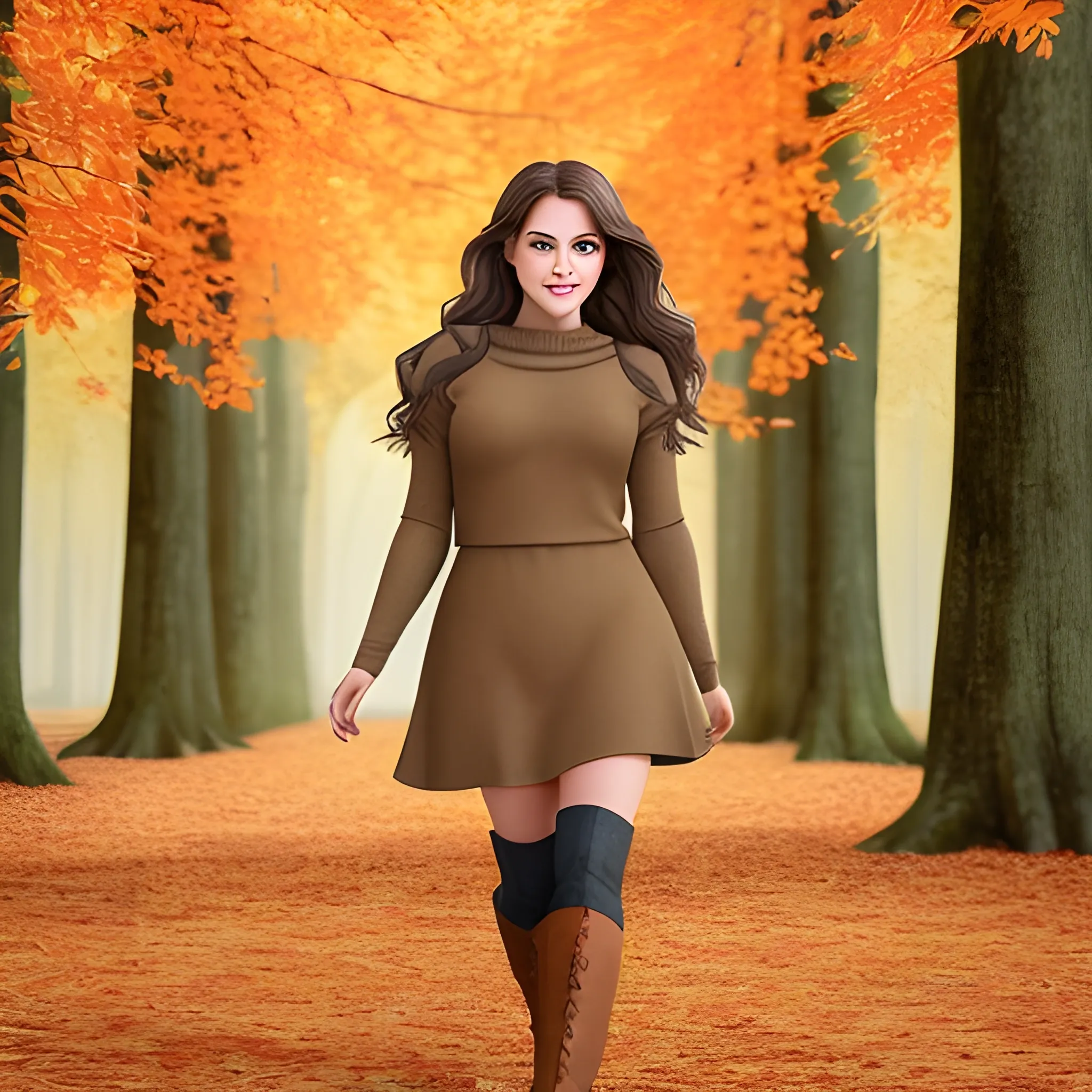 Generate full body photography of Autumn, the stunning brunette influencer. She should appear in her mid-20s approximately 5'4" tall with long, wavy chestnut hair that falls gracefully on her shoulders. She has an athletic hourglass figure accentuated by her full bust. Her complexion should be flawless, with a warm, sun-kissed tan. Autumn's expressive brown eyes should radiate charisma, and she should have a relaxed and confident demeanor. Autumn is adorned in attire that epitomizes the beauty of fall. She wears an elegant, form-fitting sweater dress in rich earthy brown that complements the vibrant foliage. The dress highlights her figure while providing comfort for her stroll through the autumn scenery. A pair of knee-high leather boots adds a touch of rustic chic to her ensemble.

The surroundings are a testament to the splendor of autumn. Autumn's walk takes her through a serene forest, where trees dressed in an array of fiery reds, burnt oranges, and deep yellows create a breathtaking backdrop. The ground is carpeted with fallen leaves, creating a delightful rustling underfoot as she moves along. The warm, golden sunlight filters through the canopy, casting dappled patterns on the forest floor.

Autumn should walking through the seasonal foliage. She may be photographed gazing at the vibrant leaves, twirling playfully, or simply taking in the natural beauty with an appreciative smile. The images should evoke a sense of wonder, serenity, and the magic of fall.

Intense look and makeup, smiling, serene expressions, symmetrical eyes, symmetrical face, photorealistic, photography, path tracing, specular lighting, volumetric face light, path traced hair, visible shadows, intricate, elaborate, hyper-realistic.