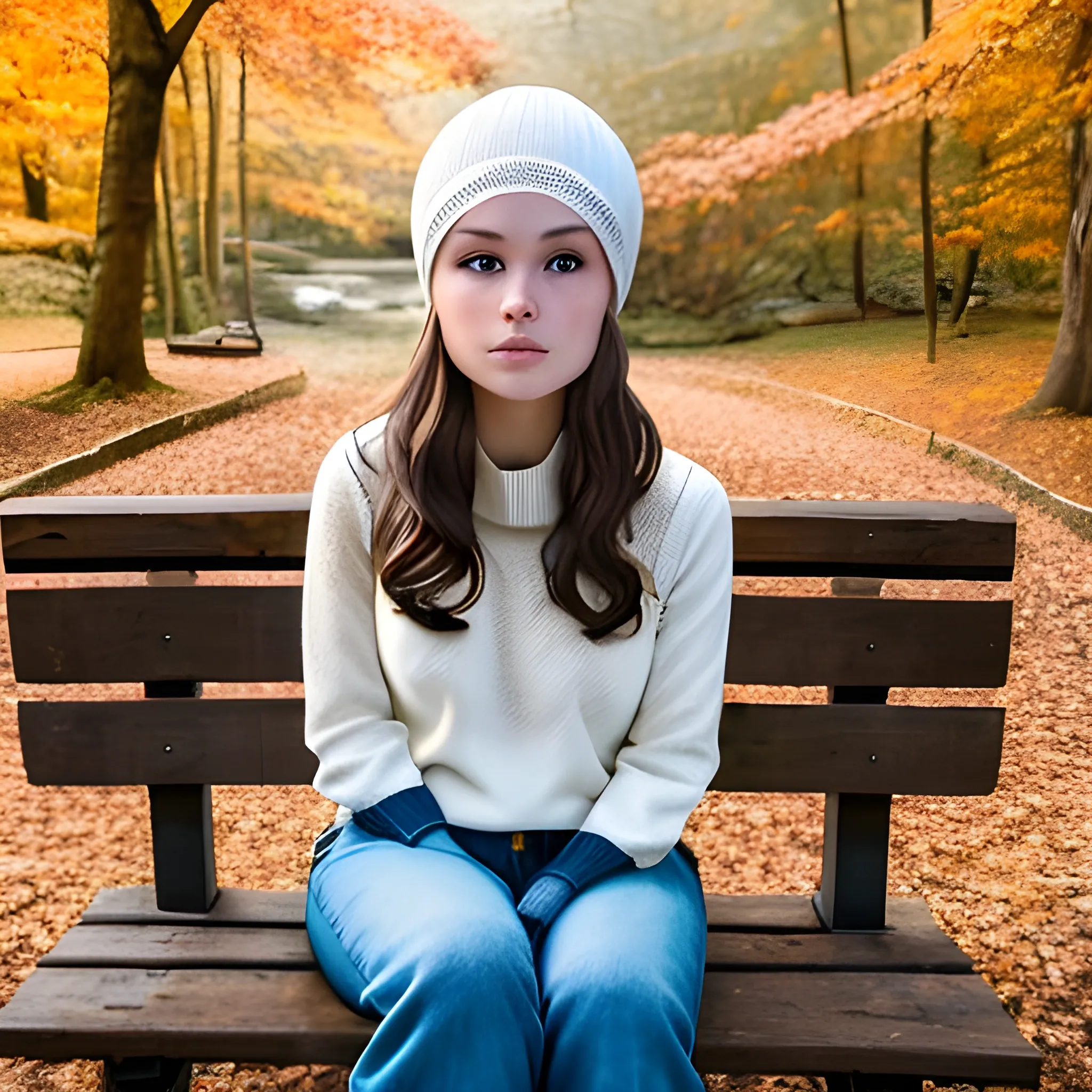 solo, masterpiece, best quality, medium shot, Beautiful mikaylademaiter in an autumn forest, beautiful waterfall, sitting on park bench, perfect face, fit, (white beanie:1.2), (brown knit sweater:1.2), (denim pants), vivid orange trees