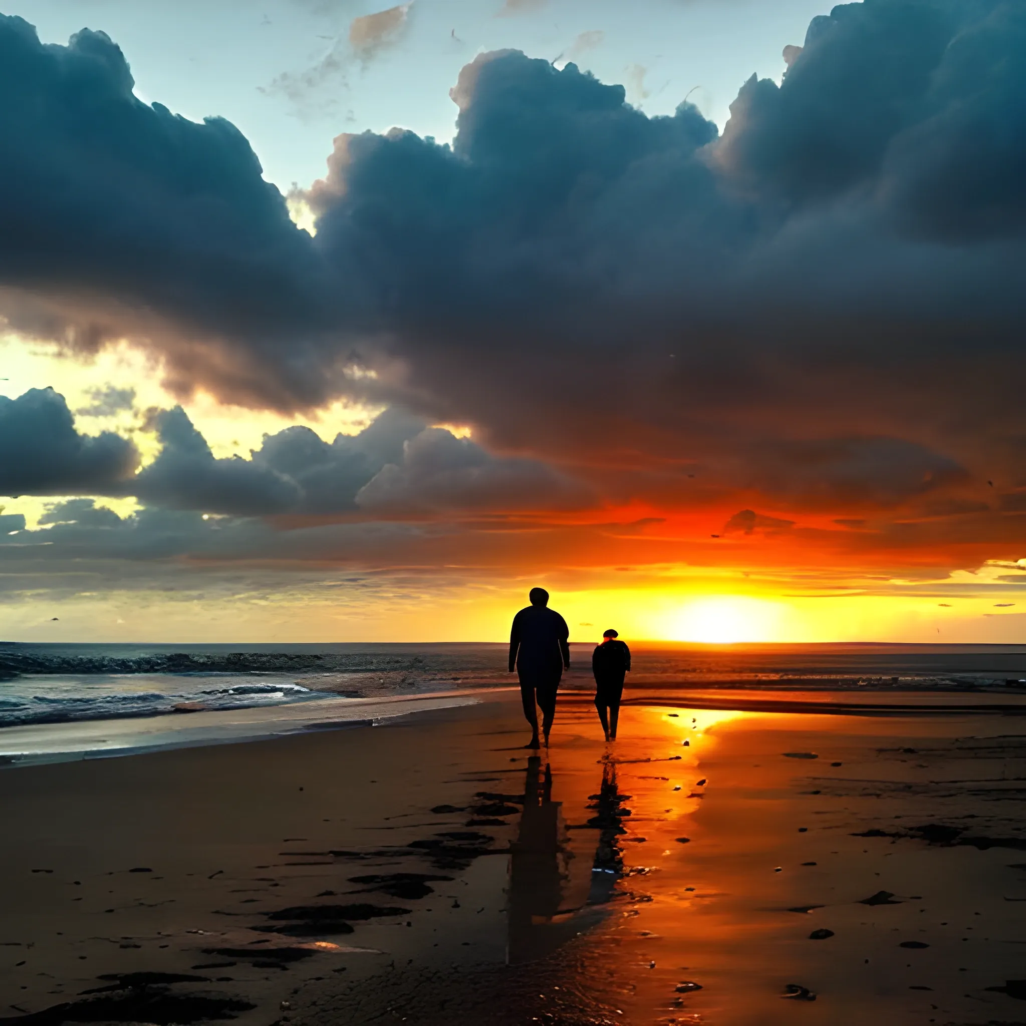 caminando en la playa, atardecer, lluvia puesta de sol