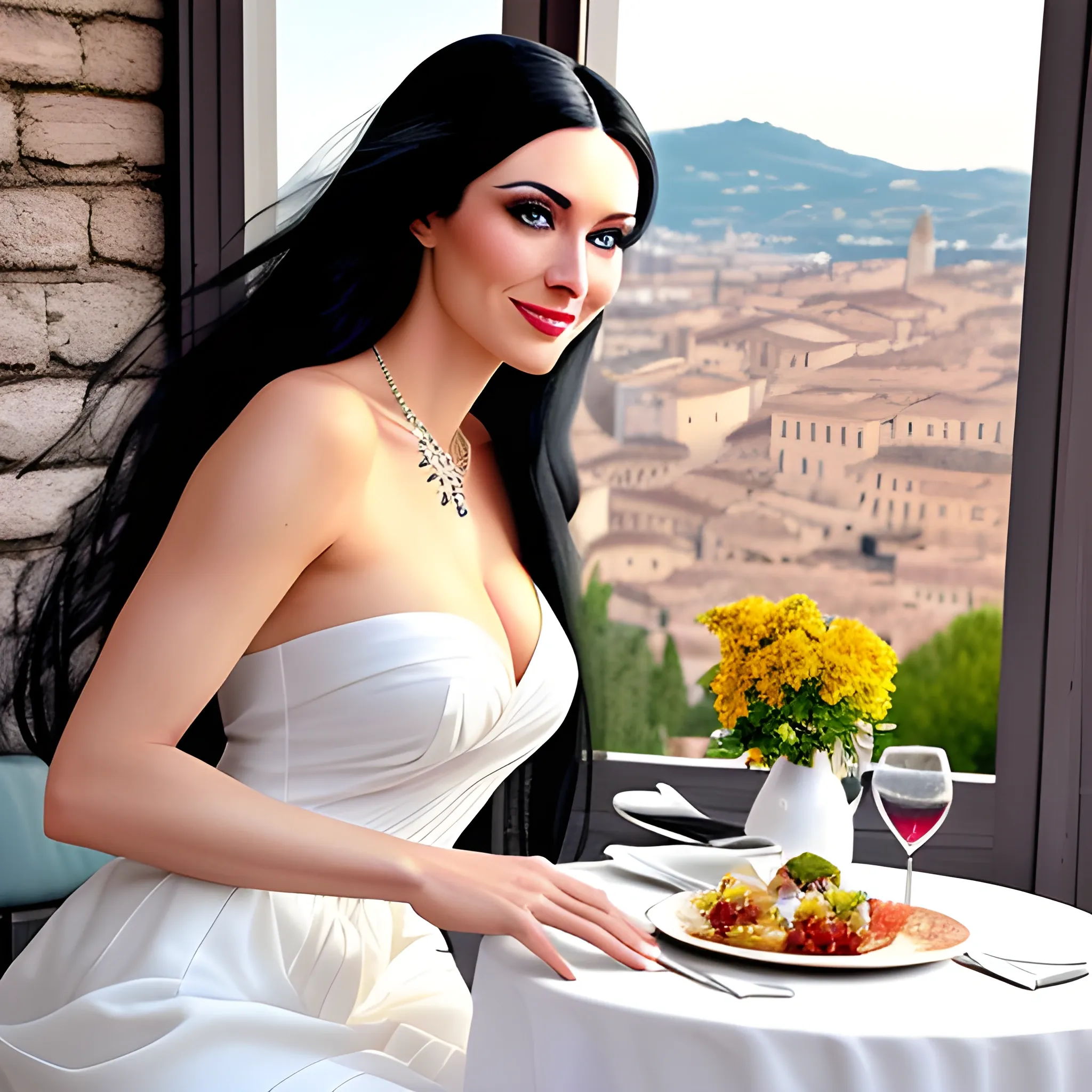 A full-body woman with BLACK long hair, flowing BLACK hair, and ICY BLUE eyes, smiling, sitting celebrating her birthday while holding a glass of wine as she poses at a Locanda Ai Portici restaurant by a restaurant window on a traditional restaurant terrace, Verona, Italy. she was holding a glass of wine as she poses at a restaurant by a window, a friendly atmosphere around flowers and rose wine. Dolce vita. girl with BLACK long hair, flowing BLACK hair, ICY BLUE eyes, and dimples, an image of a fitness woman a 31-year-old, she is beautiful and cute with full lips. She should have a natural expression. Body facing towards the camera, colored image, High quality, 8K Ultra HD, photorealistic portrait, The Picture is taken by a photographer in a studio-like atmosphere with the image should be elegantly clear, illuminated by the vibrant city lights background. long hair, with ambient light from the side, thin lips with gloss, fertile, sultry expression, hazy dreamy eyes, eyelids, blushing, half-open mouth, biting lip, light makeup, warm, moist, oily complexion, tanned skin beautiful, gorgeous. include an image depicting a scene of Verona and let yourself be inspired by the most beautiful photo ideas throughout Italy, Verona, spring, Verona, Italy. She was wearing a white casual dress and a pearl necklace. feminine pose in a field. energy-filled illustrations. Italy glamour, clear background, looking directly into the frame, holding the glass in the left hand and the right on the table, the fingers should be clear, not too long and should be close to each other, the nails should be painted with pink Clare nail polish.