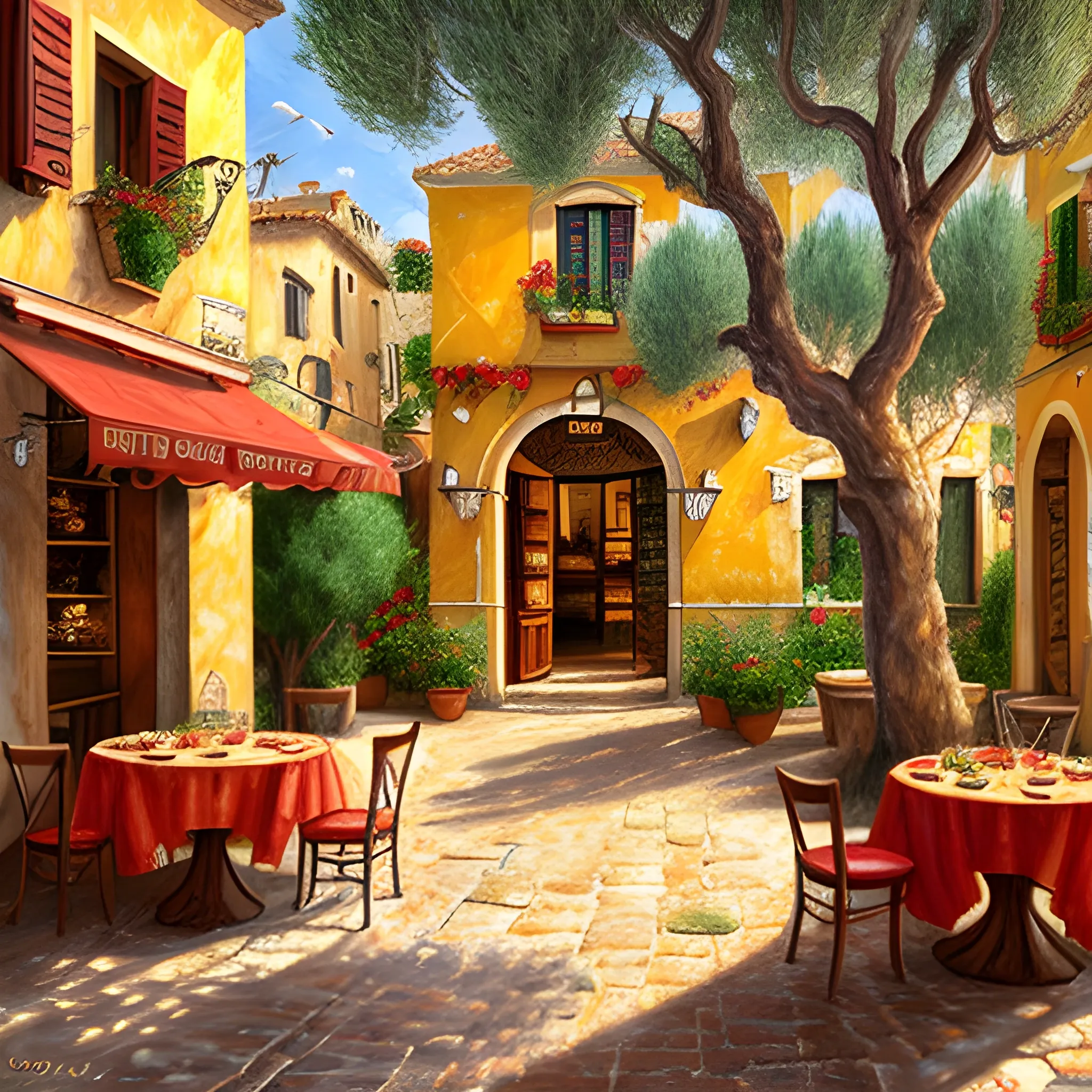 a traditional pizzeria in the street of a small village on the riviera. a terrace in the shade of a hundred - year - old olive tree, a friendly atmosphere around pizzas and rose wine. dolce vita. unreal engine rendering, hyper realist, ultra detailed, oil painting, warm colors, happy, impressionism, da vinci, , Oil 