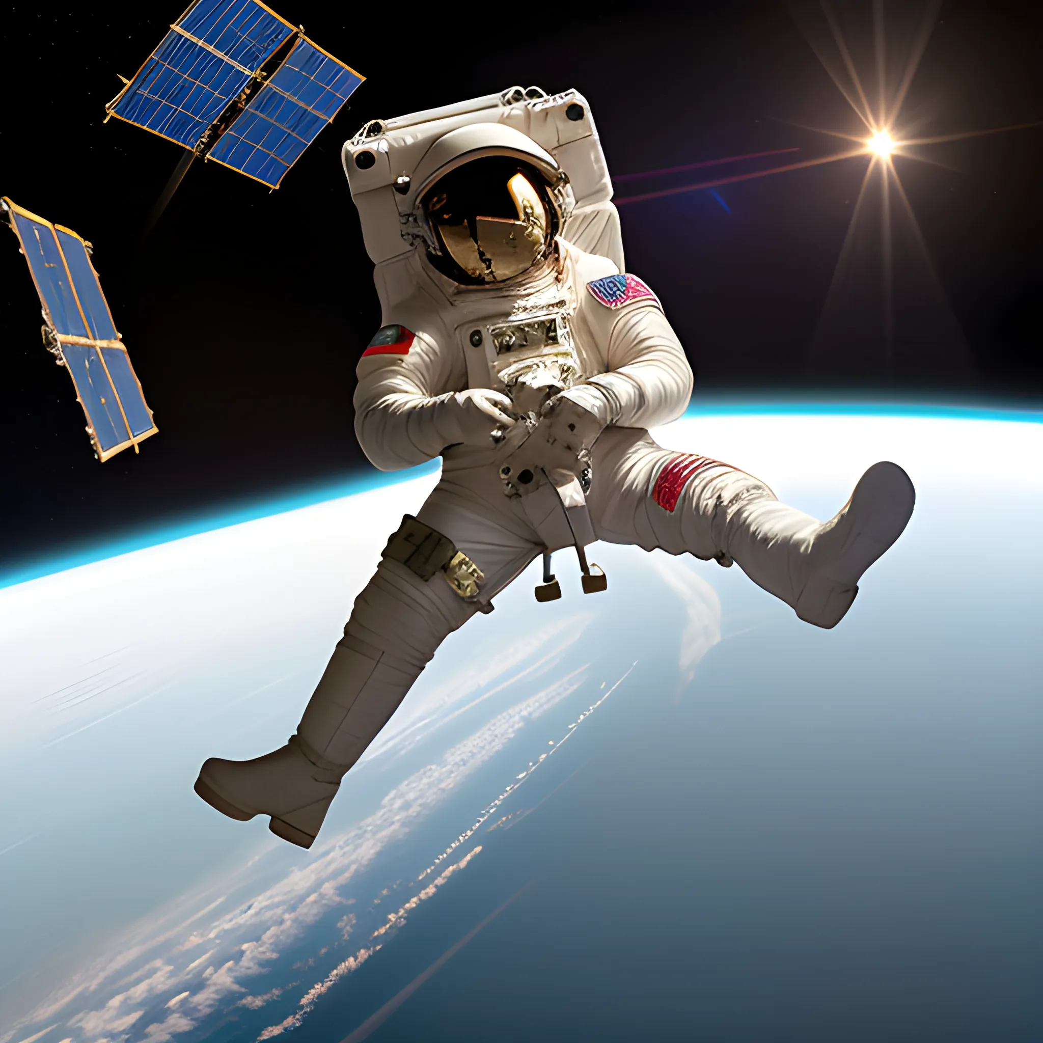 An astronaut looking from the space station to Earth, Cartoon