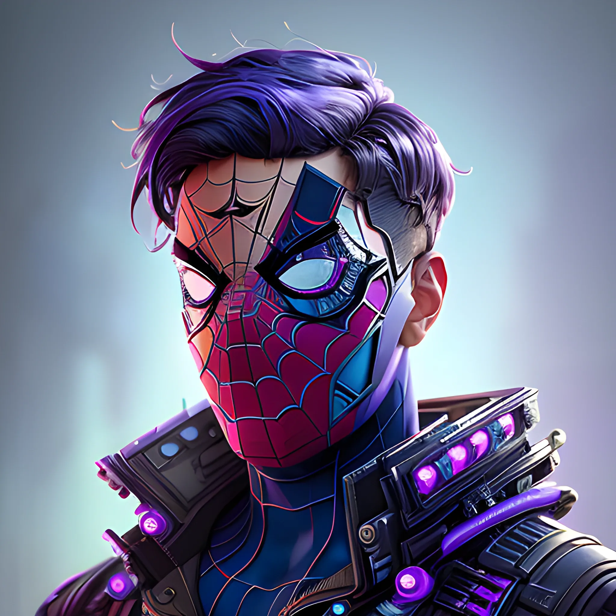 a beautiful portrait of a cute cyberpunk male Spider-Man by sandra chevrier and greg rutkowski and wlop, purple blue color scheme, high key lighting, volumetric light, digital art, highly detailed, fine detail, intricate, ornate, complex, octane render, unreal engine, photorealistic , Oil Painting, 3D