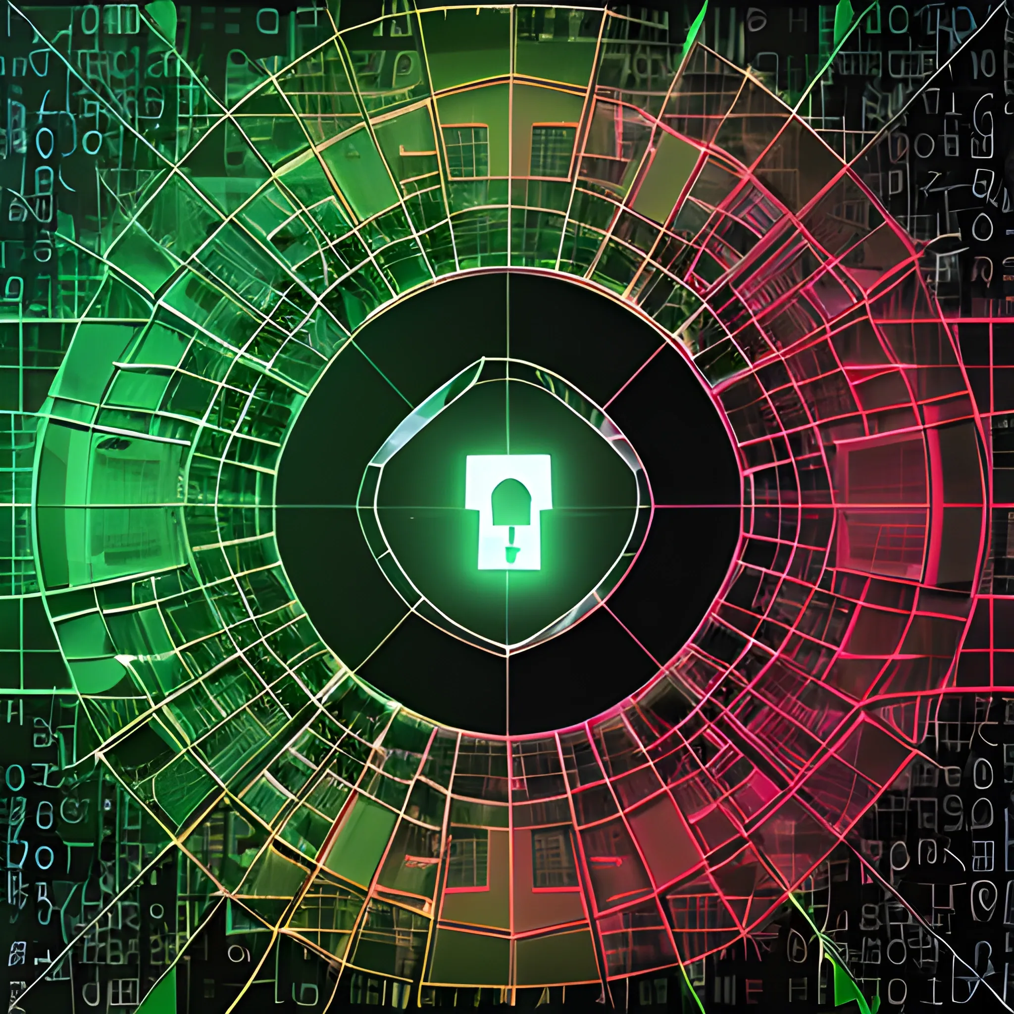 Breakthrough, shattered glass, hacker, coding, offensive security, red and green, malware, round shape, 3D, cyber security, rootkit, computer, broken glass