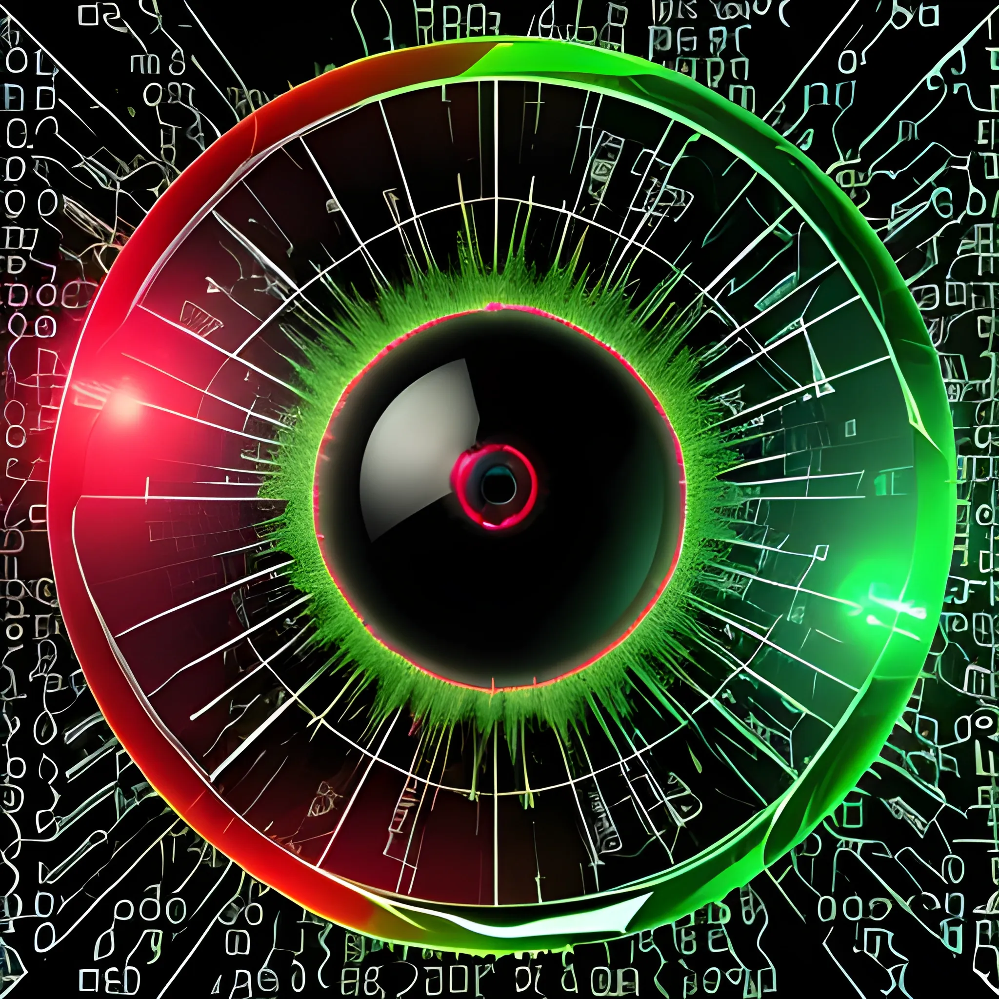 Breakthrough, eye, shattered glass, hacker, coding, offensive security, red and green, malware, round shape, 3D, cyber security, rootkit, computer, broken glass