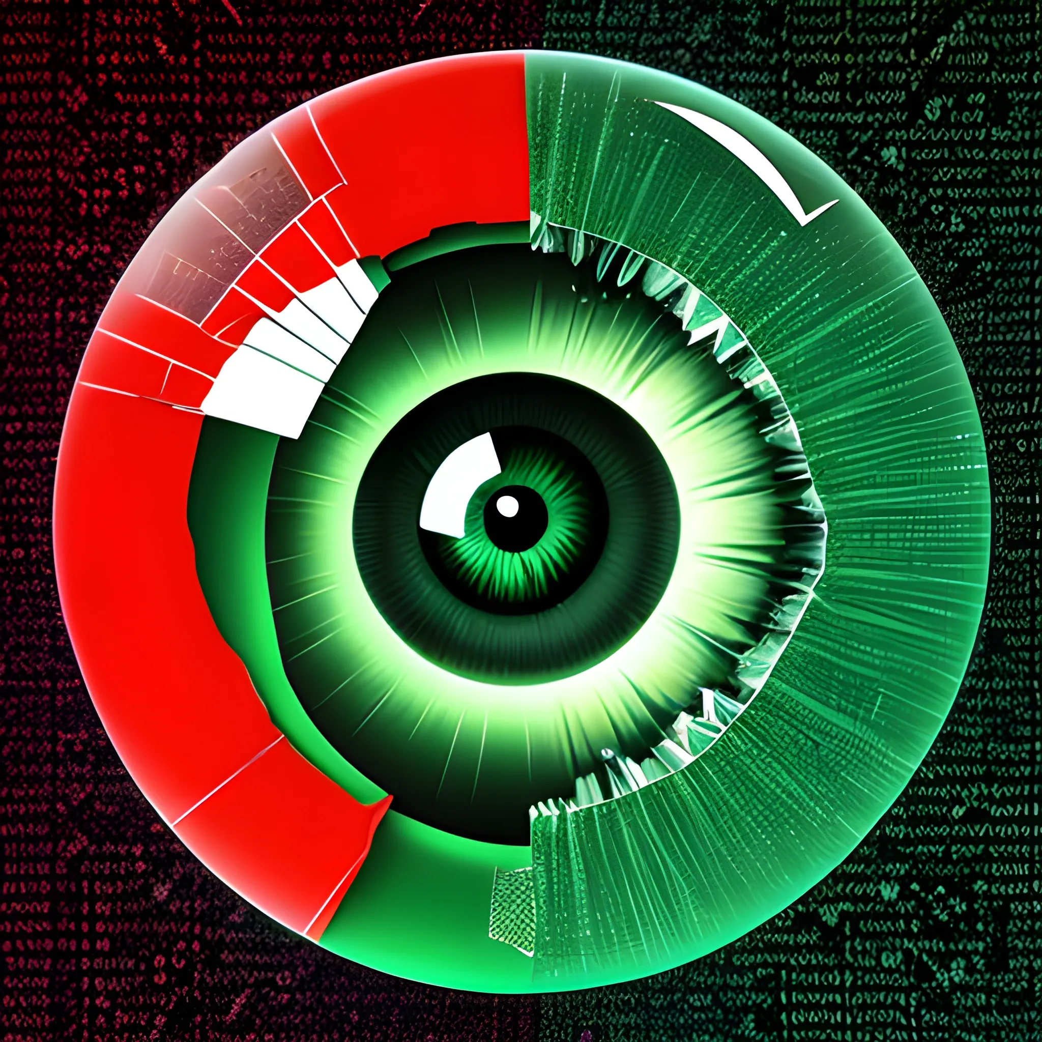 Breakthrough, eye, deep, far away, profile view, illusion, shattered glass, hacker, coding, offensive security, red and green, malware, round shape, 3D, cyber security, rootkit, computer, broken glass