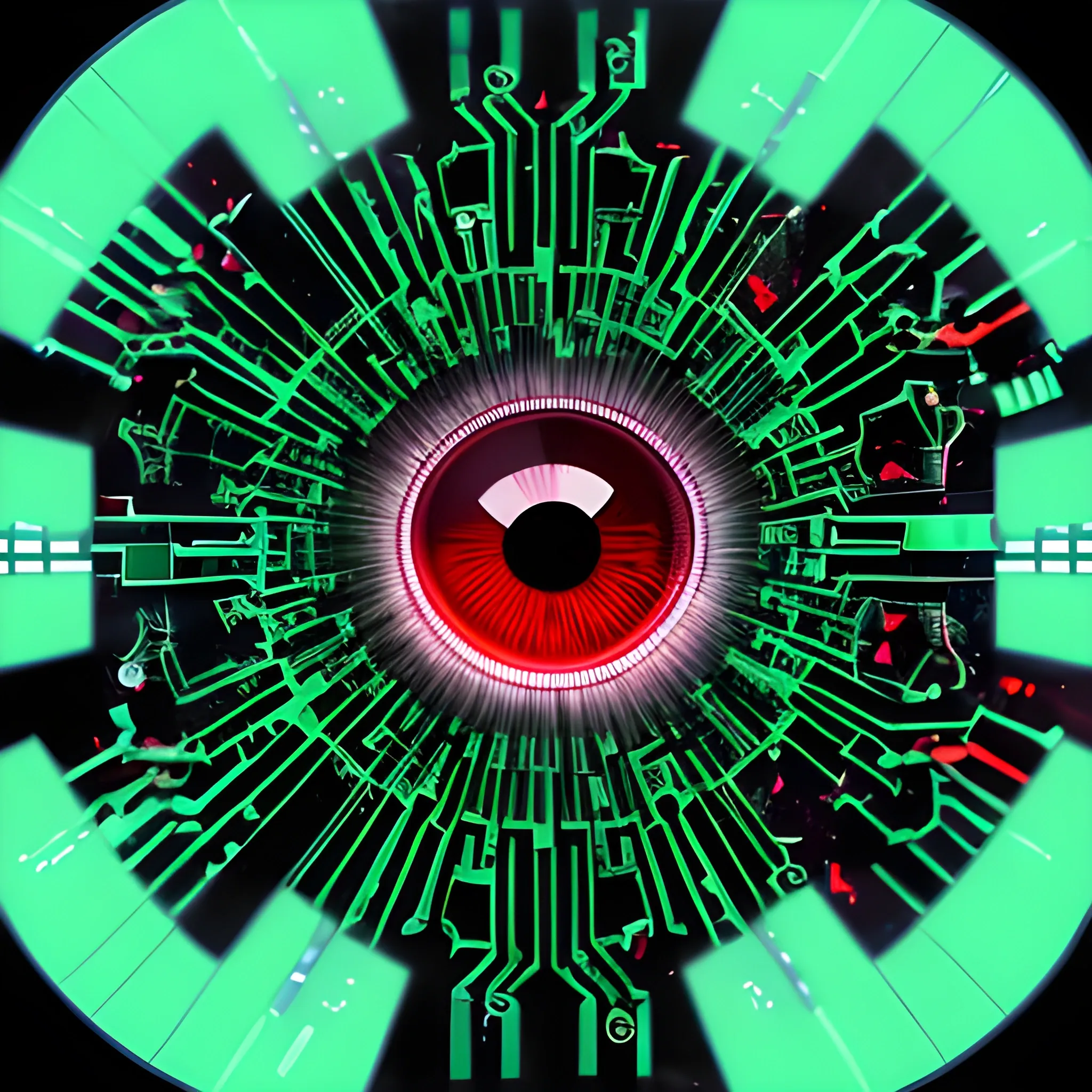 Breakthrough, eye, deep, far away, profile view, illusion, shattered glass, hacker, coding, offensive security, red and green, malware, round shape, 3D, cyber security, rootkit, computer, broken glass, wolf, cold, flag