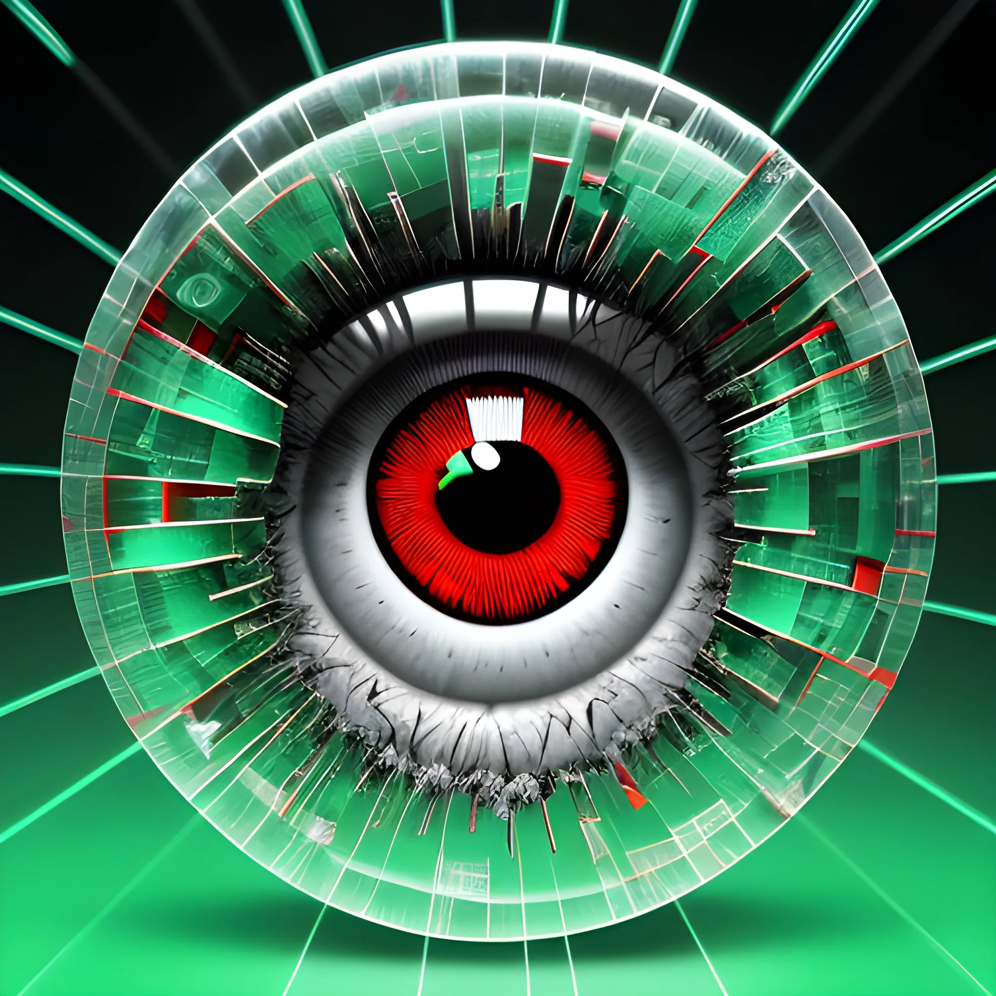 Breakthrough, eye, deep, far away, profile view, illusion, shattered glass, hacker, coding, offensive security, red and green, malware, round shape, 3D, cyber security, rootkit, computer, broken glass, wolf, cold, flag, virus, infected