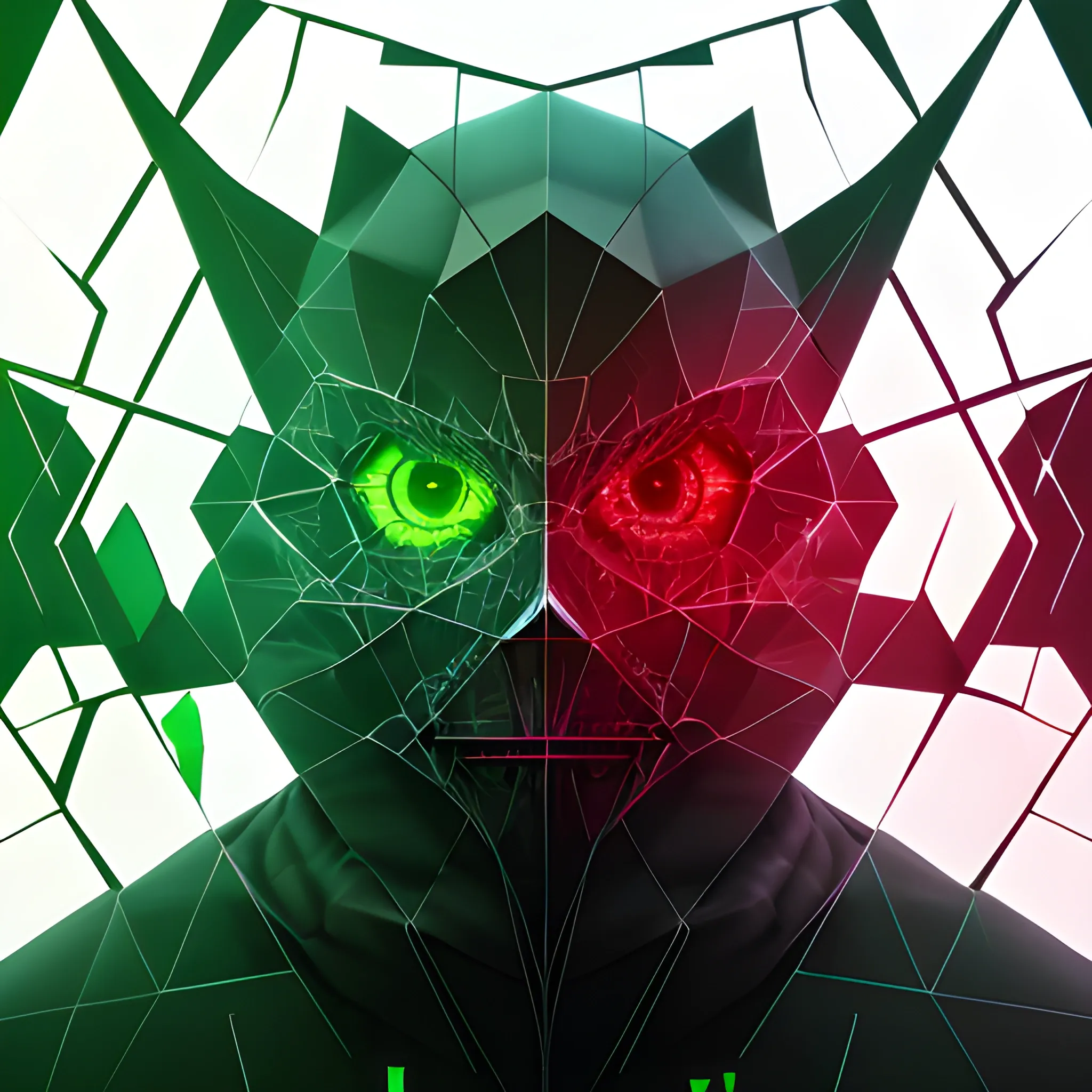 Breakthrough, deep, far away, profile view, illusion, shattered glass, hacker, coding, offensive security, red and green, malware, round shape, 3D, cyber security, rootkit, computer, broken glass, wolf, cold, flag, virus, infected