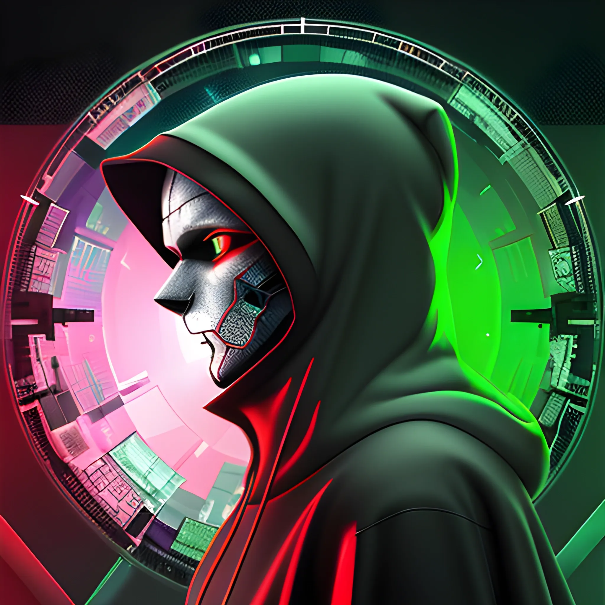 Breakthrough, deep, far away, profile view, illusion, shattered glass, hacker, coding, offensive security, red and green, malware, round shape, 3D, cyber security, rootkit, computer, broken glass, wolf, cold, flag, virus, infected, hooded, suspicious 