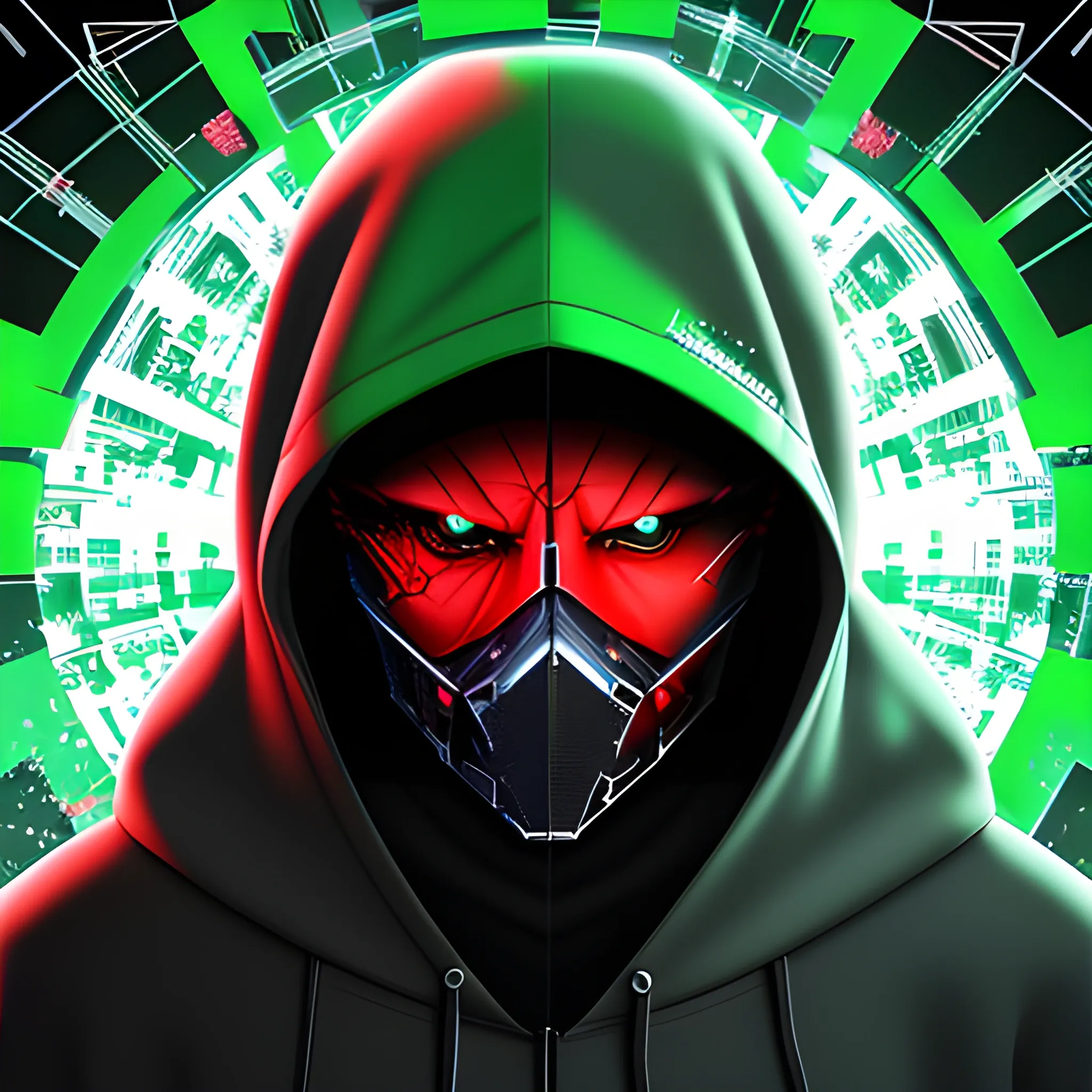 Breakthrough, deep, far away, profile view, illusion, shattered glass, hacker, coding, offensive security, red and green, malware, round shape, 3D, cyber security, rootkit, computer, broken glass, wolf, cold, flag, virus, infected, hooded, suspicious, reflection