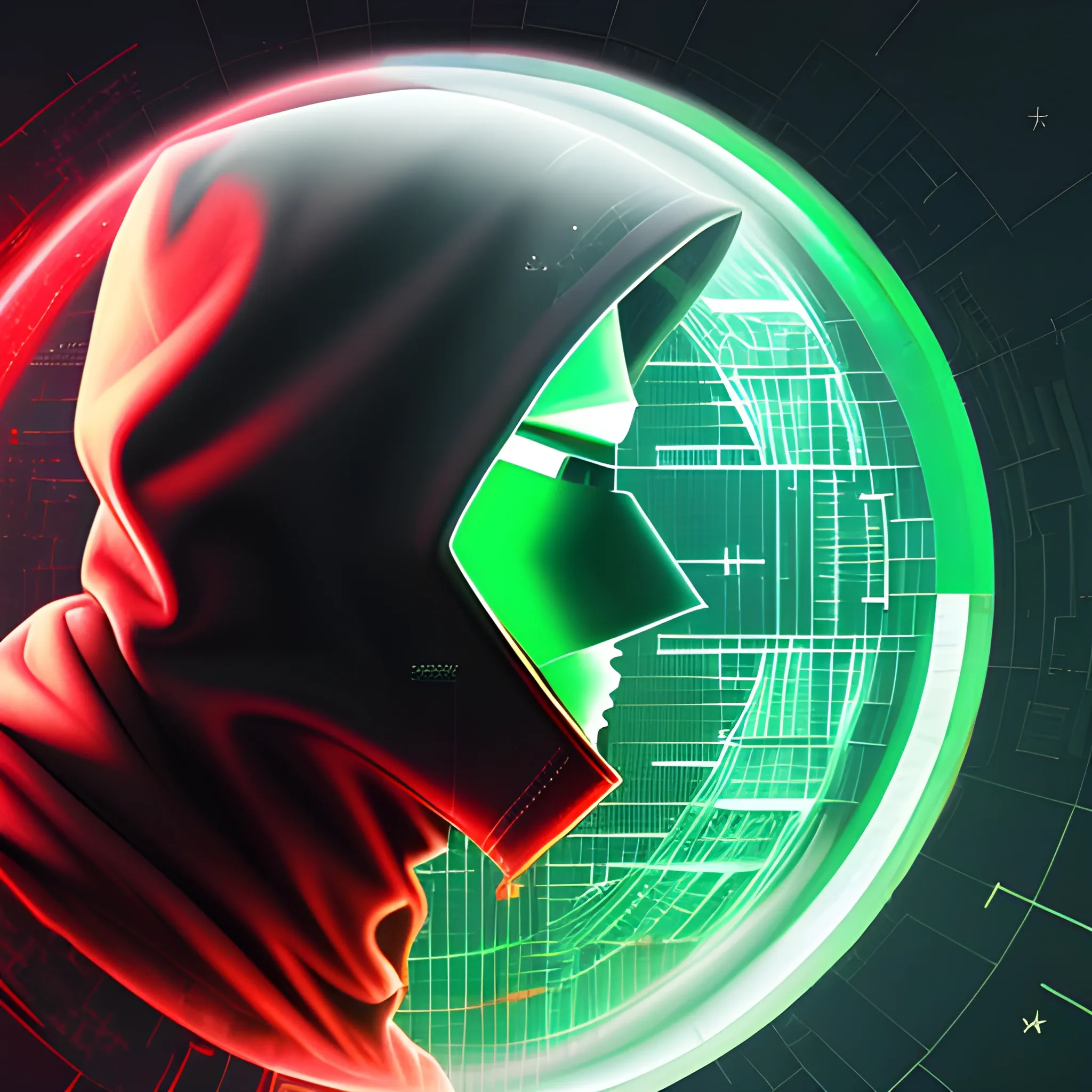 Breakthrough, deep, far away, profile view, illusion, shattered glass, hacker, coding, offensive security, red and green, malware, round shape, 3D, cyber security, rootkit, computer, broken glass, wolf, cold, flag, virus, infected, hooded, suspicious, reflection, behind