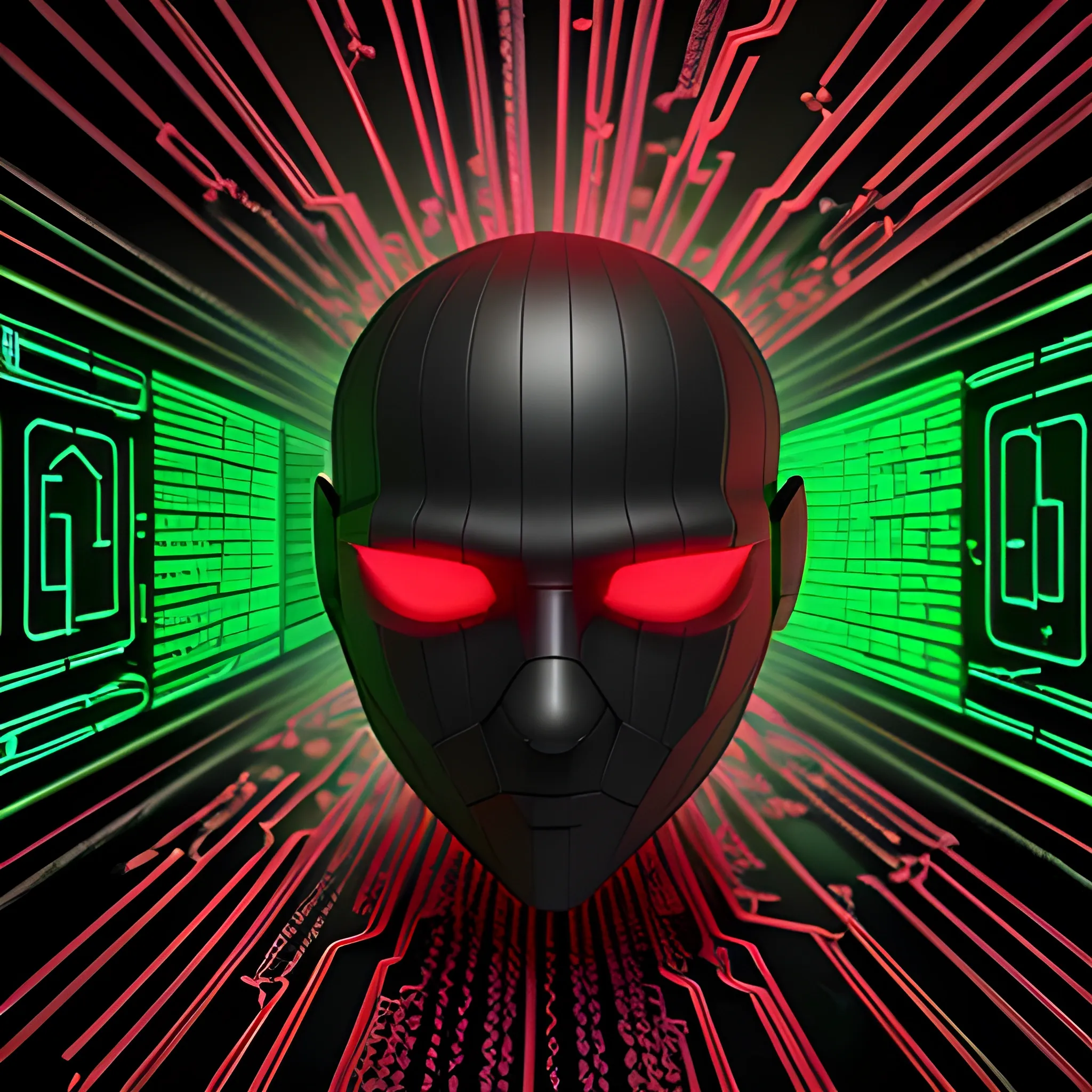 Mini image of malware, threat, 3D vision, red and green, black background, hacking and cyber security related, deep and suspicious look with melting colors. Code on the walls