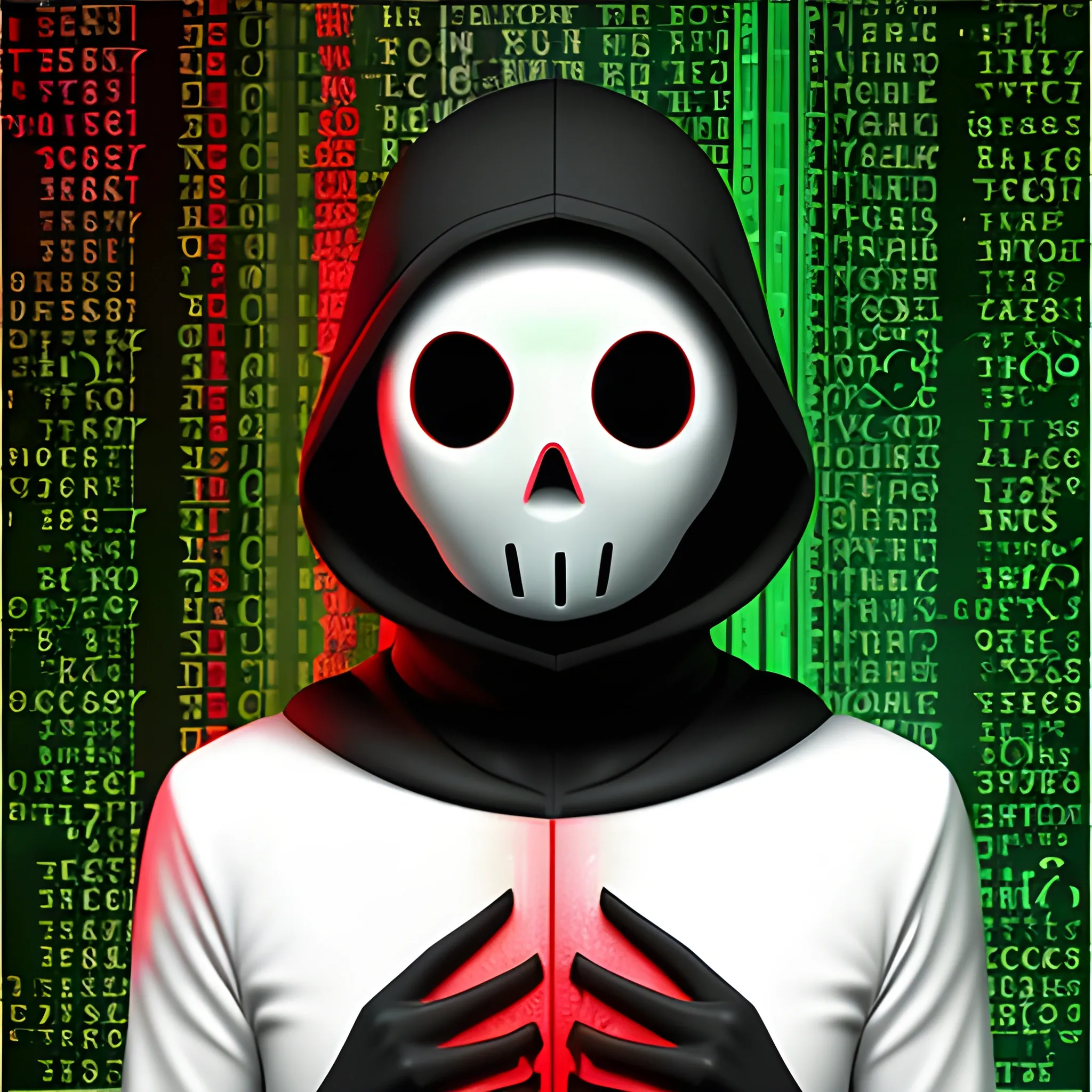 Mini image of malware, threat, 3D vision, red and green, black background, hacking and cyber security related, deep and suspicious look with melting colors. Code on the walls. no face