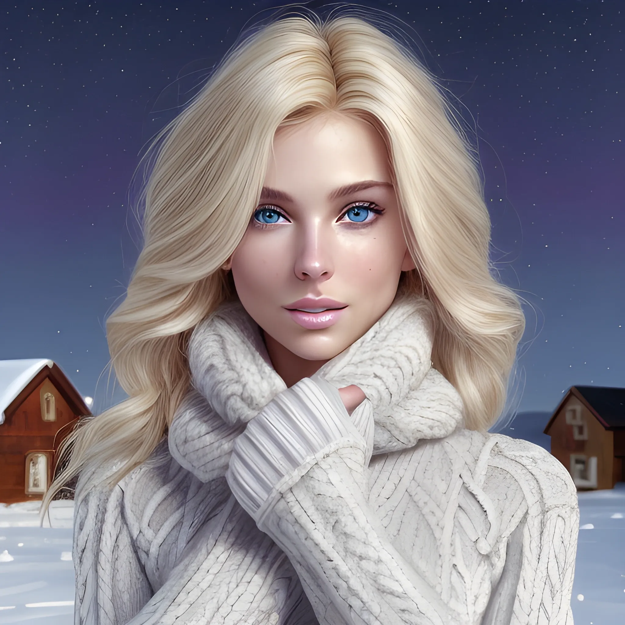 An ultra hot gorgeous European woman, age 23, blonde hair. she's a playmate, men magazine model. She has a subtle smile and flirts with the camera, 
In a snowy village, winter landscape, starry night, northern lights.
Sexy pose.
She wears a short loose wool sweater in a random color reminiscent of winter's colors.

Perfect anatomy, perfect hair, perfect breast, perfect body, perfect hands, perfect face, UHD, retina, masterpiece, accurate, anatomically correct, textured skin, super detail, high details, high quality, award winning, best quality, highres, 16k, 8k,