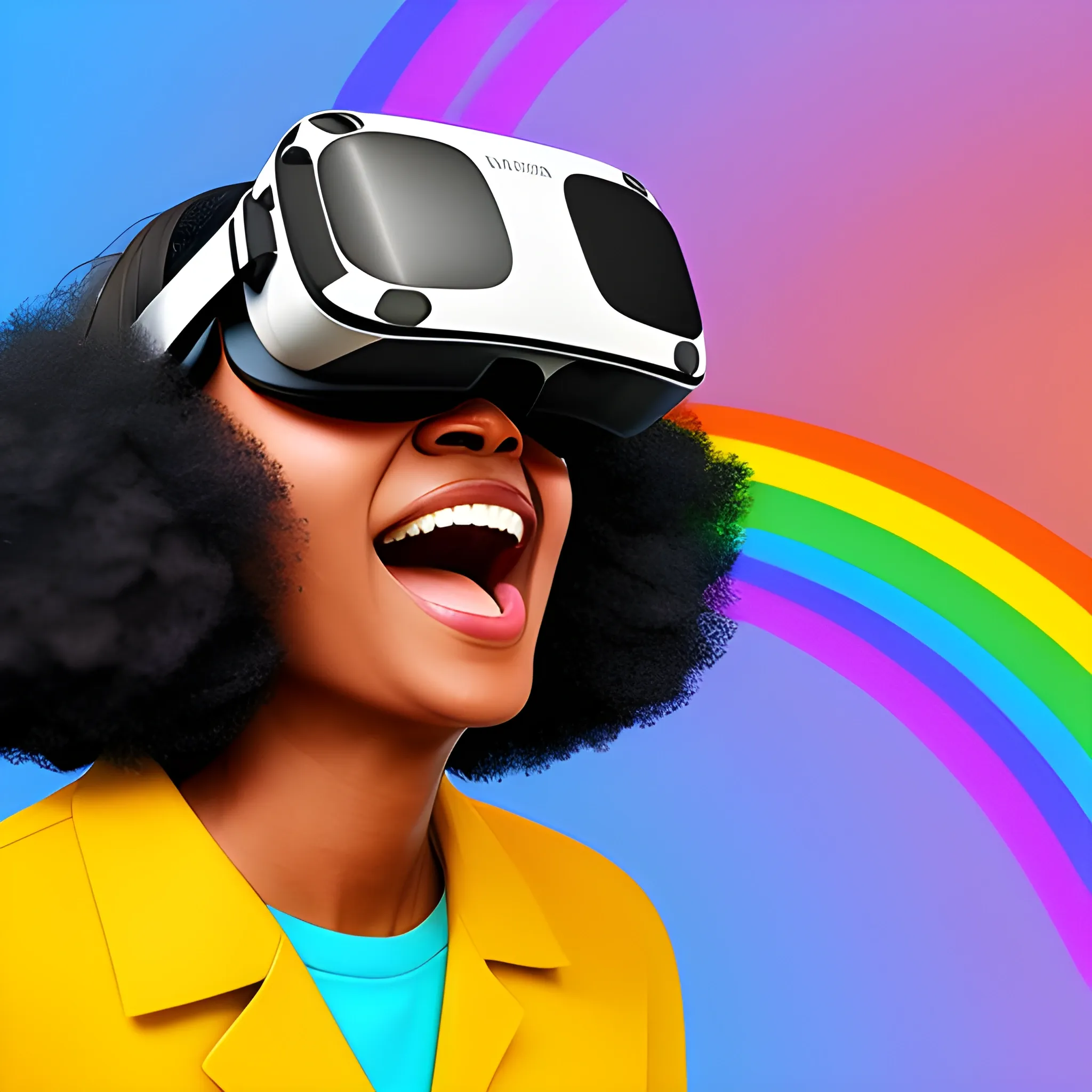 a happy black women wearing a VR headset in a Shangri-La with a rainbow, digital art