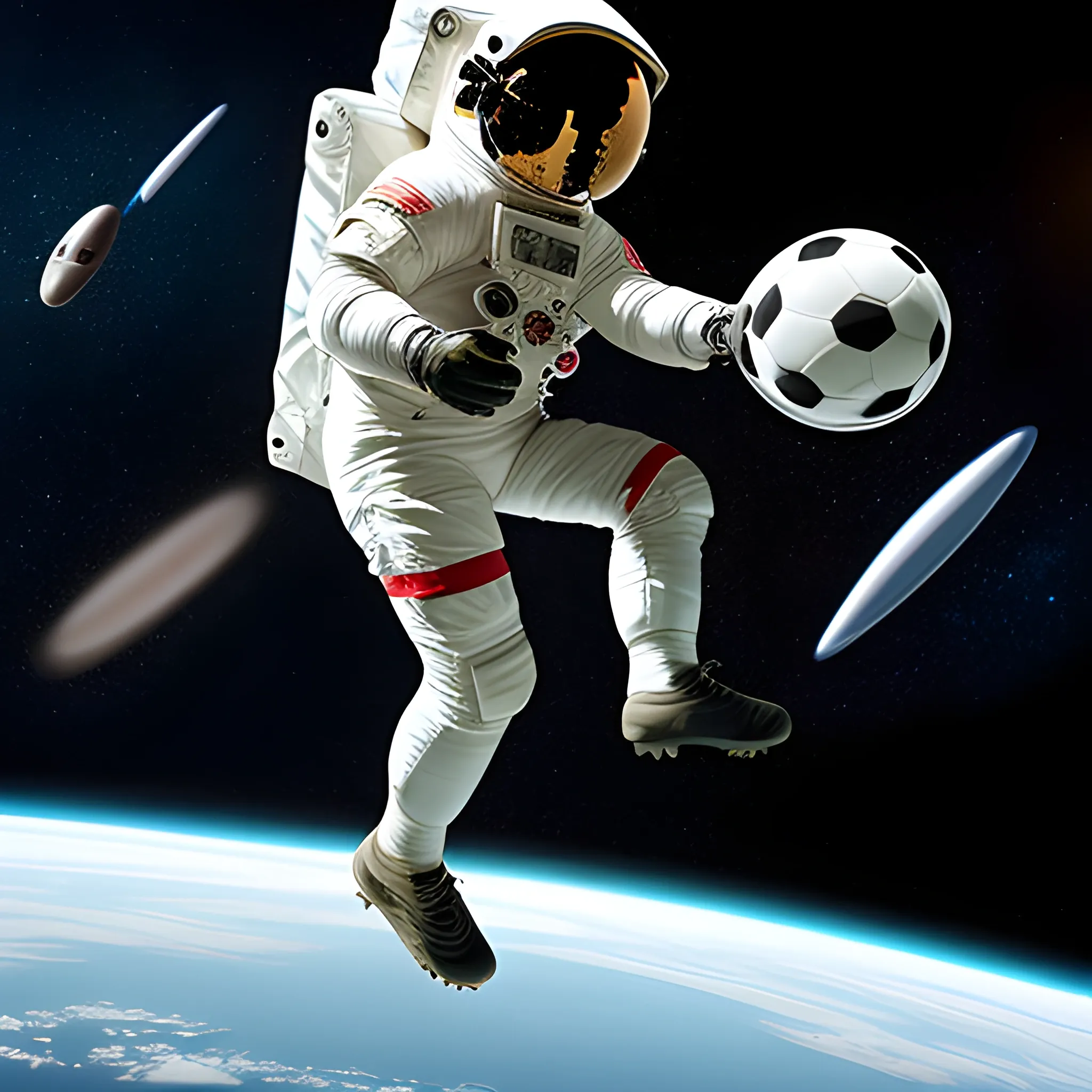a astronaut playing with a soccer ball in a space floating
