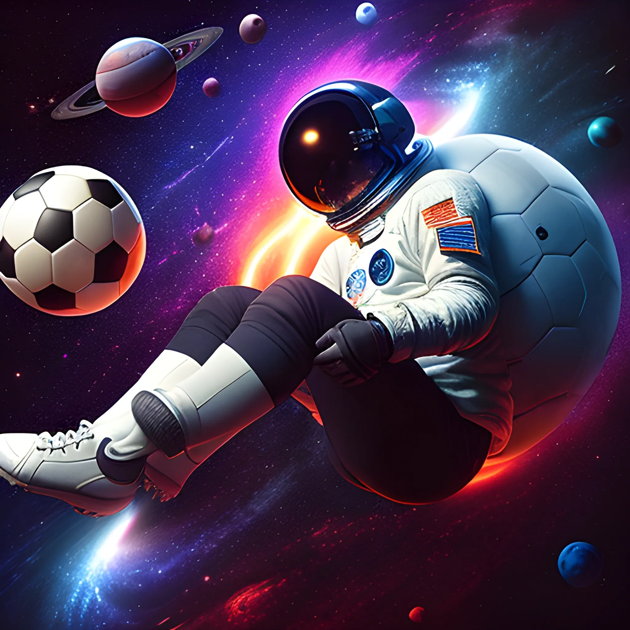a dark astronaut playing with a soccer ball in foot in a space floating, planets, and beautiful galaxy view, tripping

