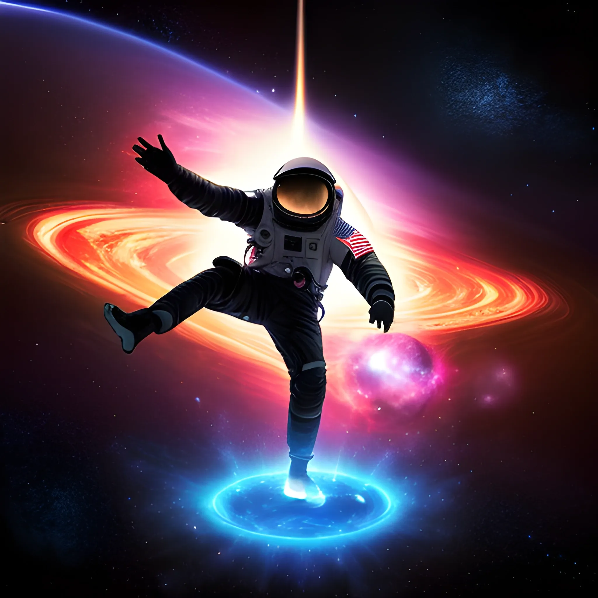 a dark astronaut playing with a soccer ball in foot in a space floating, planets, and beautiful galaxy view, tripping, near a black hole


