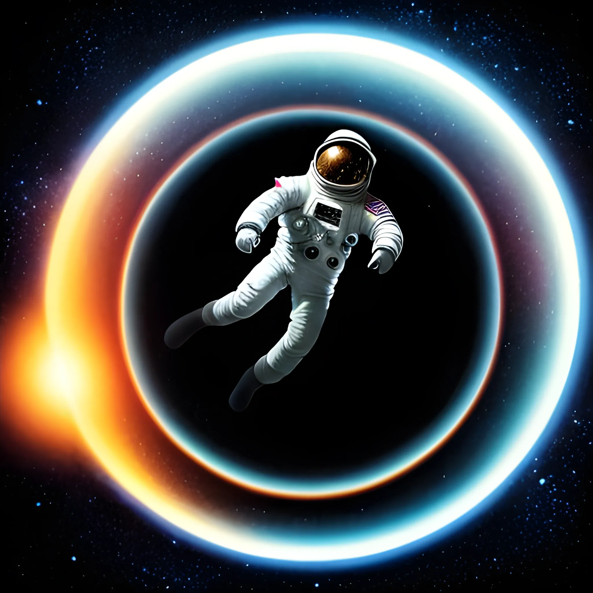 a dark astronaut playing with a soccer ball in foot in a space floating, planets, and beautiful galaxy view, tripping, near a black hole, no flags



