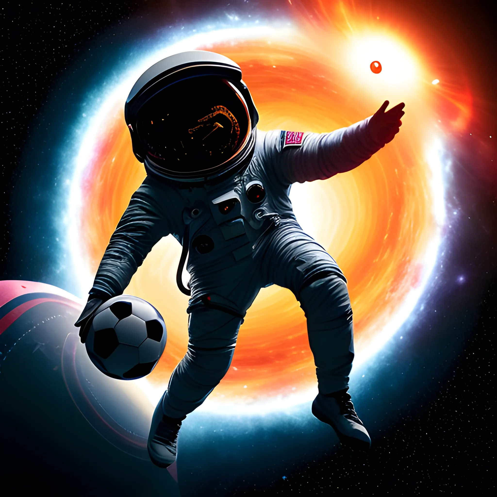 a dark clothing astronaut playing with a soccer ball in foot in a space floating, planets, and beautiful galaxy view, tripping, near a black hole, no flags



