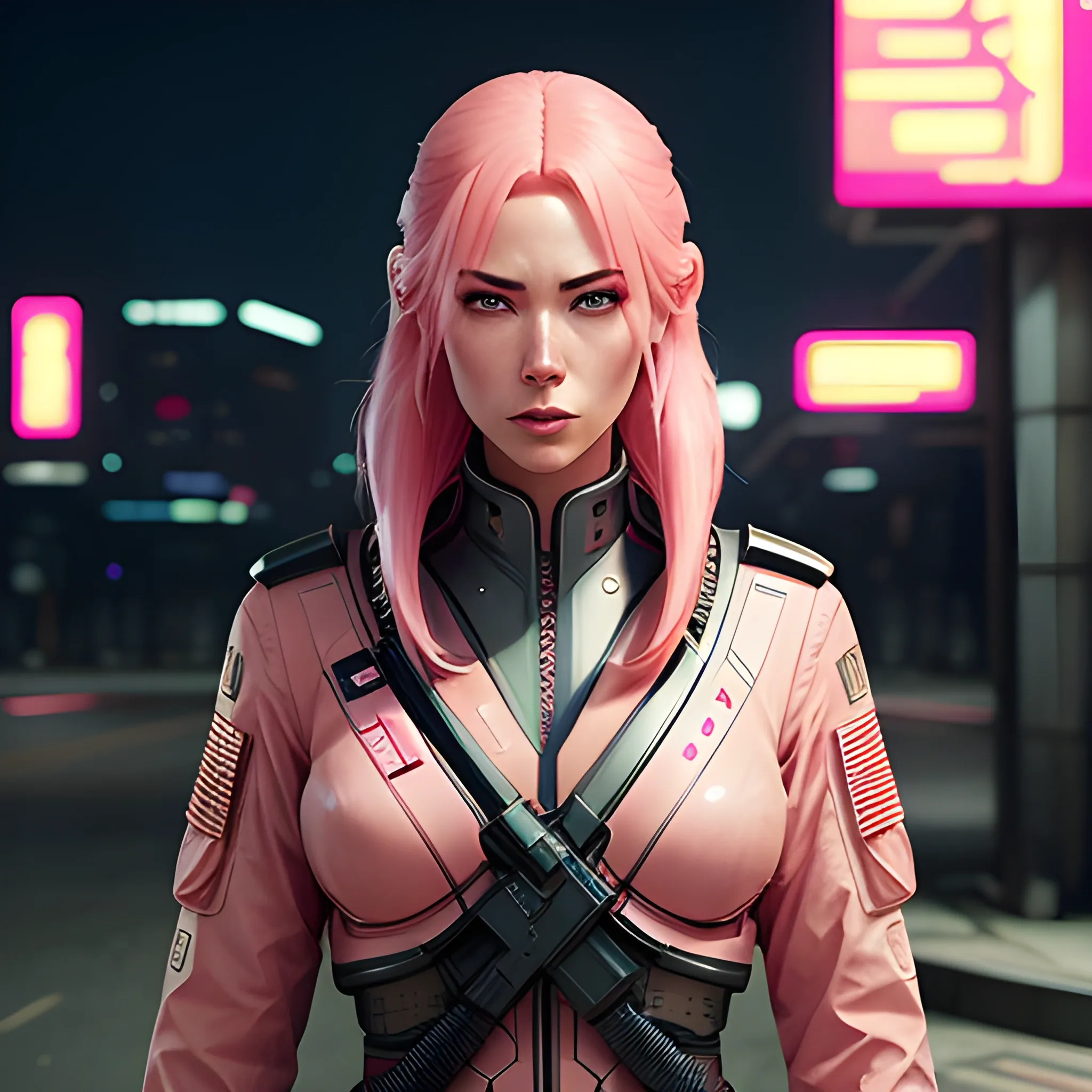 Beautiful young girl, pink hair, detailed face, detailed eyes, Japanese, military uniform, spotlight, futuristic city, surreal, photography, 8k, epic ambient light, octane rendering, Greg Rutkowski, Michael Whelan