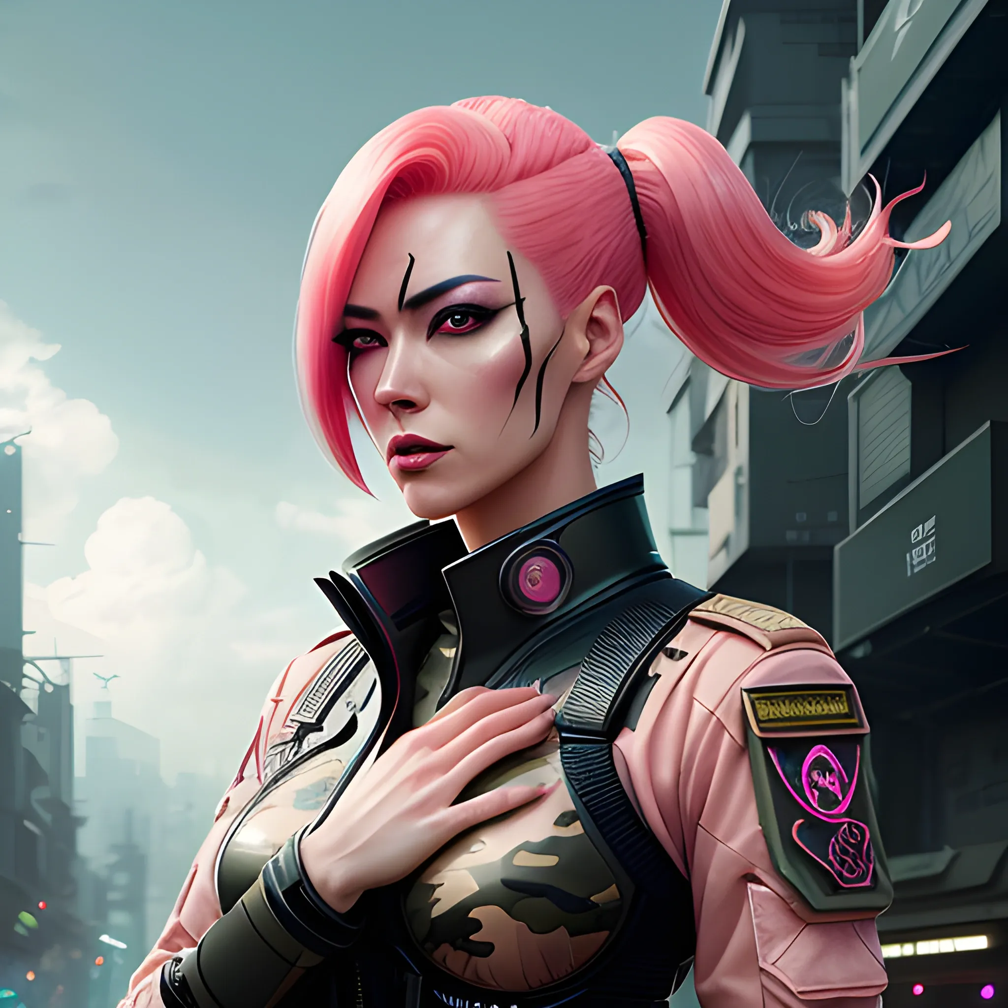 Beautiful young girl, pink hair, detailed face, detailed eyes, Japanese, military uniform, camouflage, spotlight, futuristic city, surreal, photography, 8k, epic ambient light, octane rendering, Greg Rutkowski, Michael Whelan