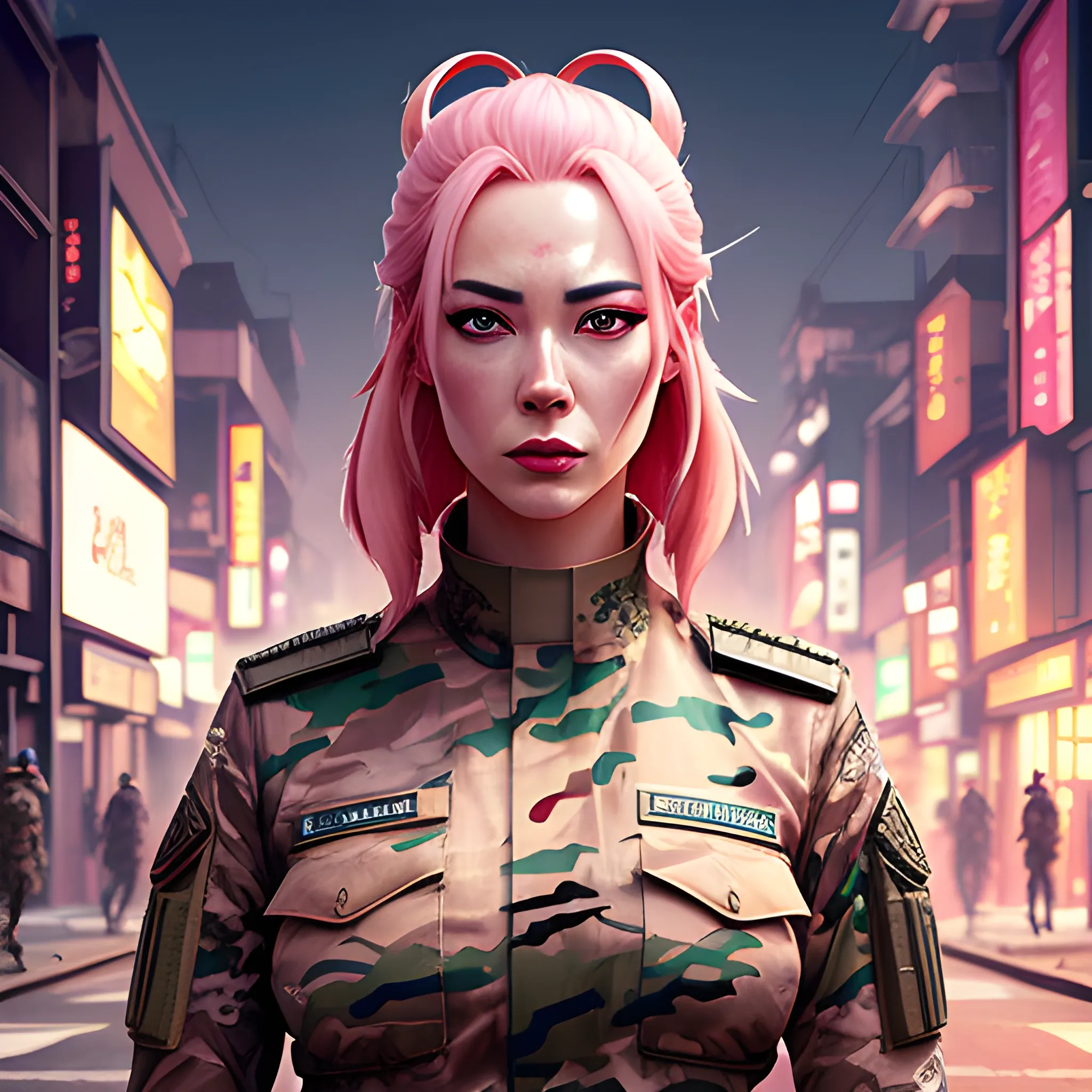 Beautiful young girl, pink hair, detailed face, detailed eyes, Japanese, military uniform, camouflage, spotlight, litter strewn streets, surreal, photography, 8k, epic ambient light, octane rendering, Greg Rutkowski, Michael Whelan, Cartoon