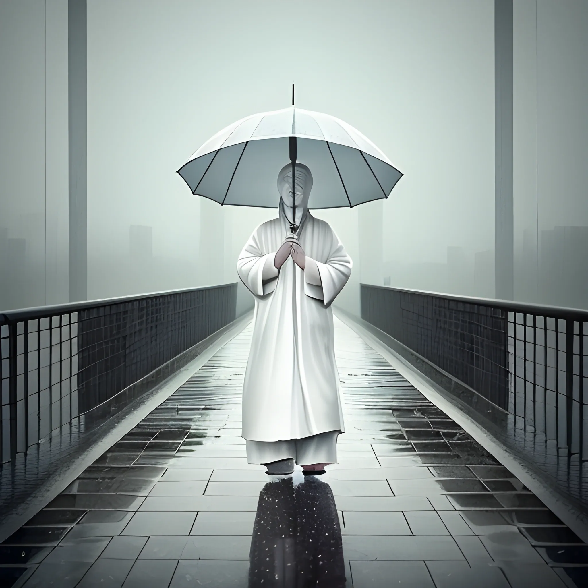 On a rainy day, a white traditional Chinese Buddha walked along the center line of the pedestrian bridge into the distance. He in the rain seems to be telling us that no matter how long and difficult the road ahead is, we only need to take the first step firmly. The style of the image is real photography, super detailed, masterpiece, best quality, aspect ratio is 3:4