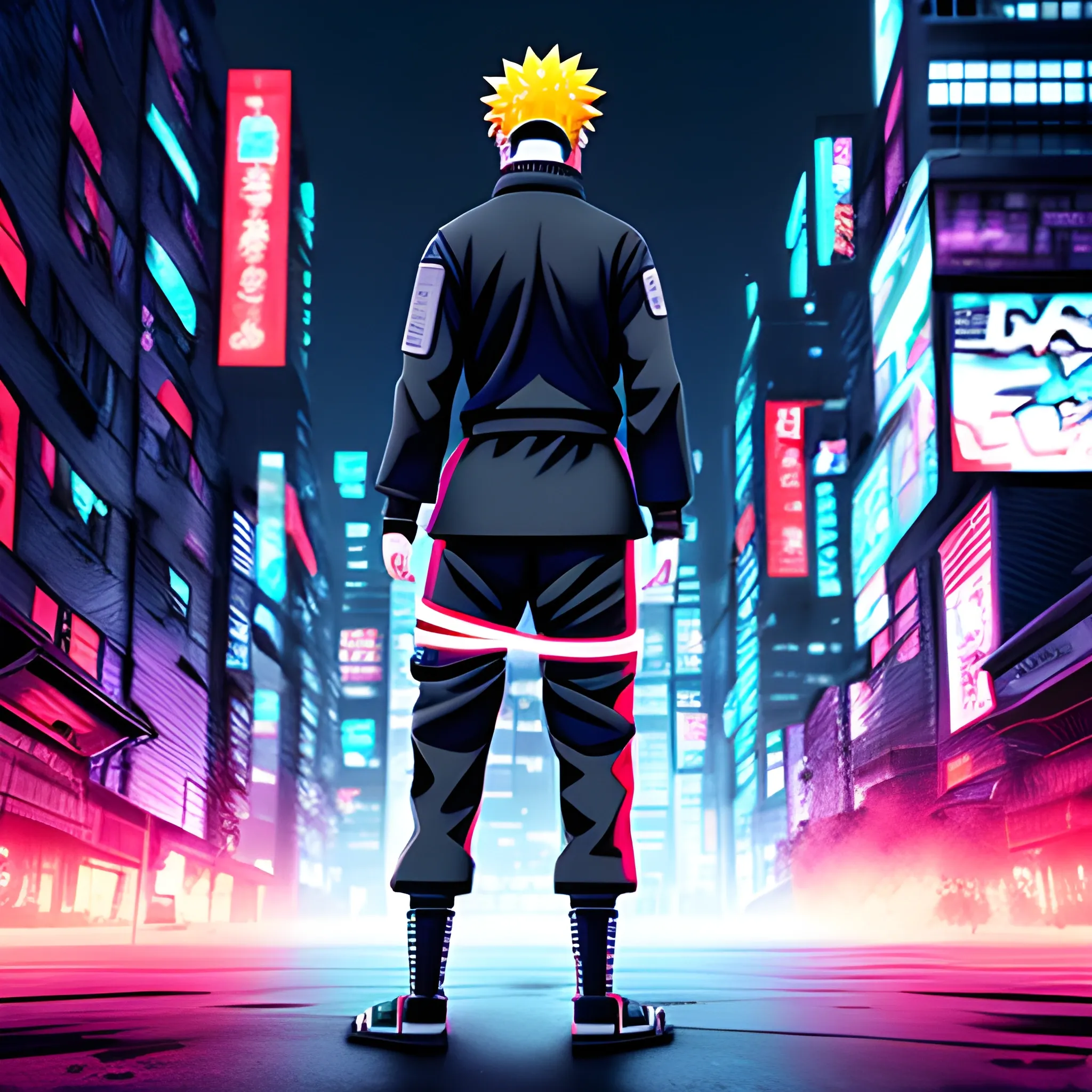 Naruto standing in front of a city, full body cyberpunk art, hyperrealistic, high contrast, 8k, full color, 3D, 3D