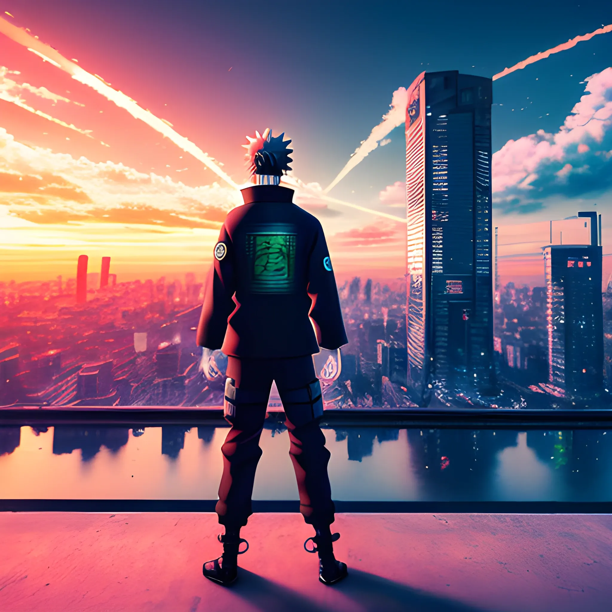 Naruto standing in front of a city, looking forward, hopeful look, full body cyberpunk art, hyper realistic, high contrast, 8k, full color, 3D