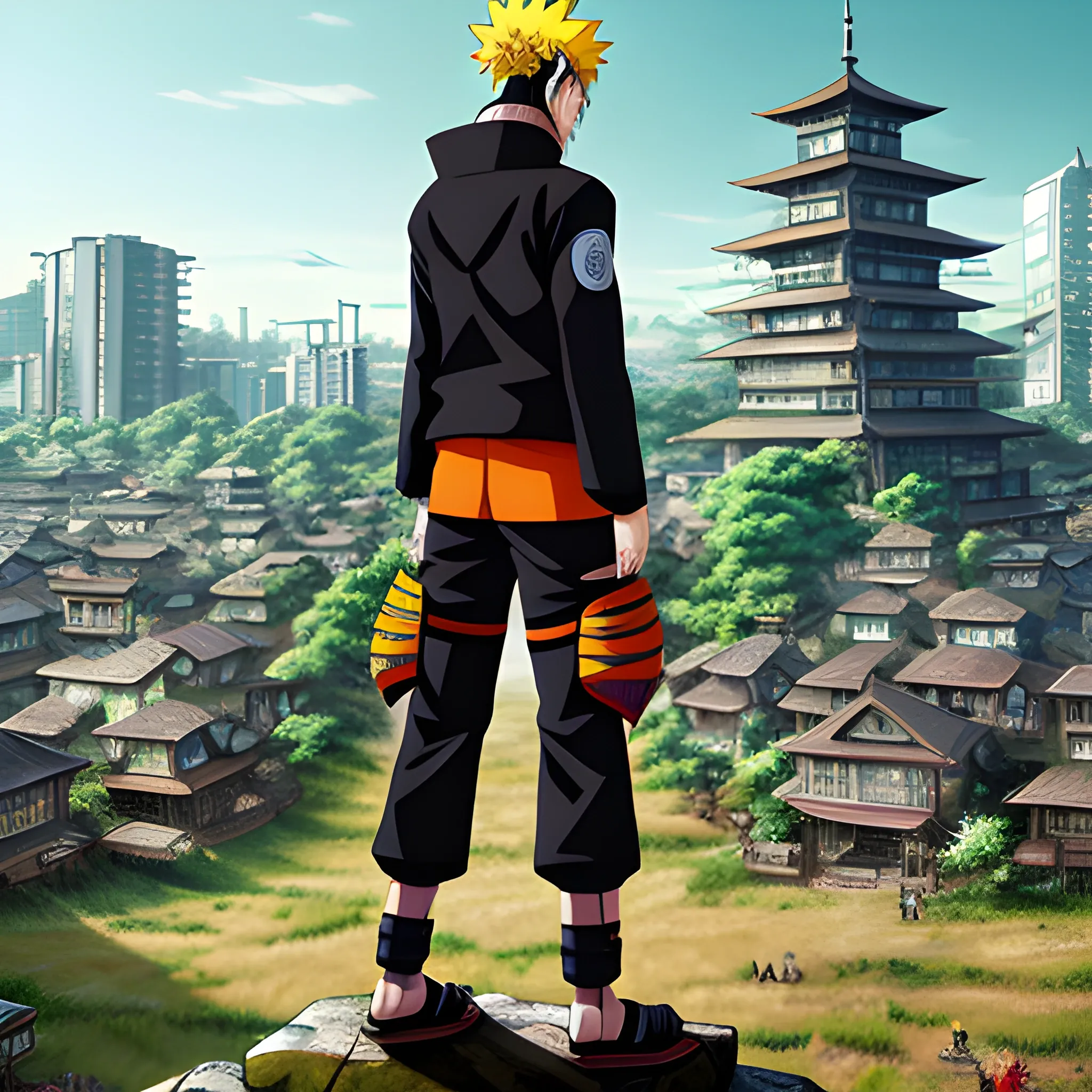 Naruto standing in front, in the background the leaf village, lo ...