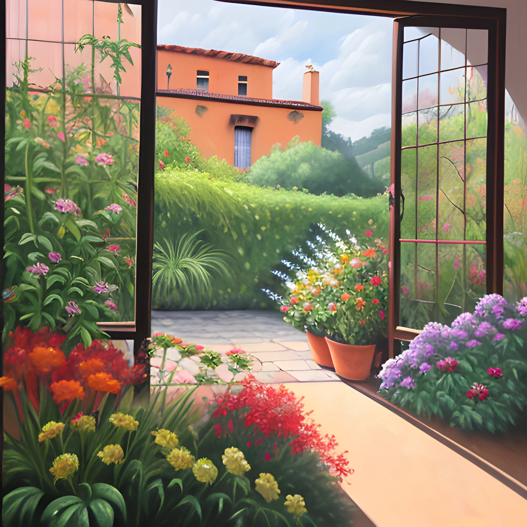 Vista al jardín desde una ventana , Oil Painting