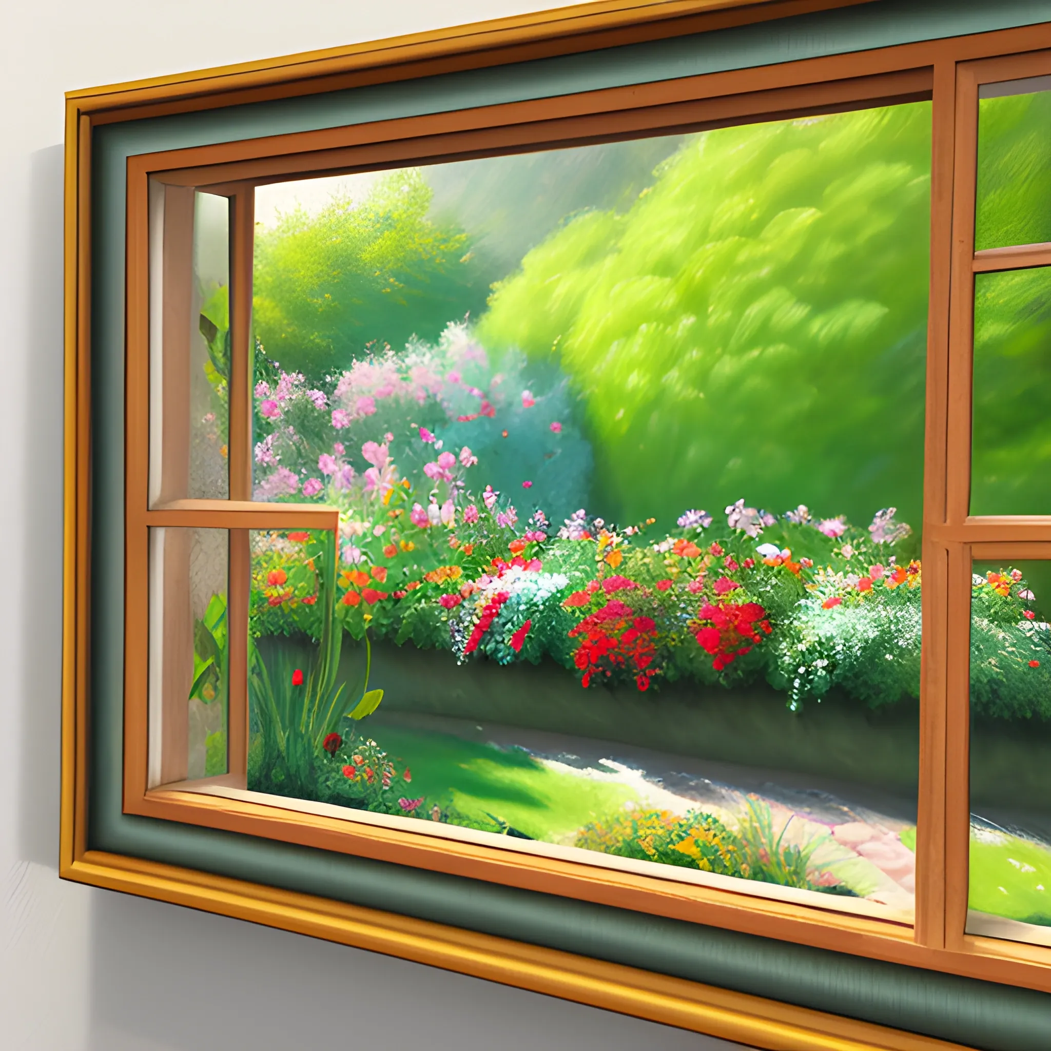 Vista al jardín desde una ventana , Oil Painting, 3D